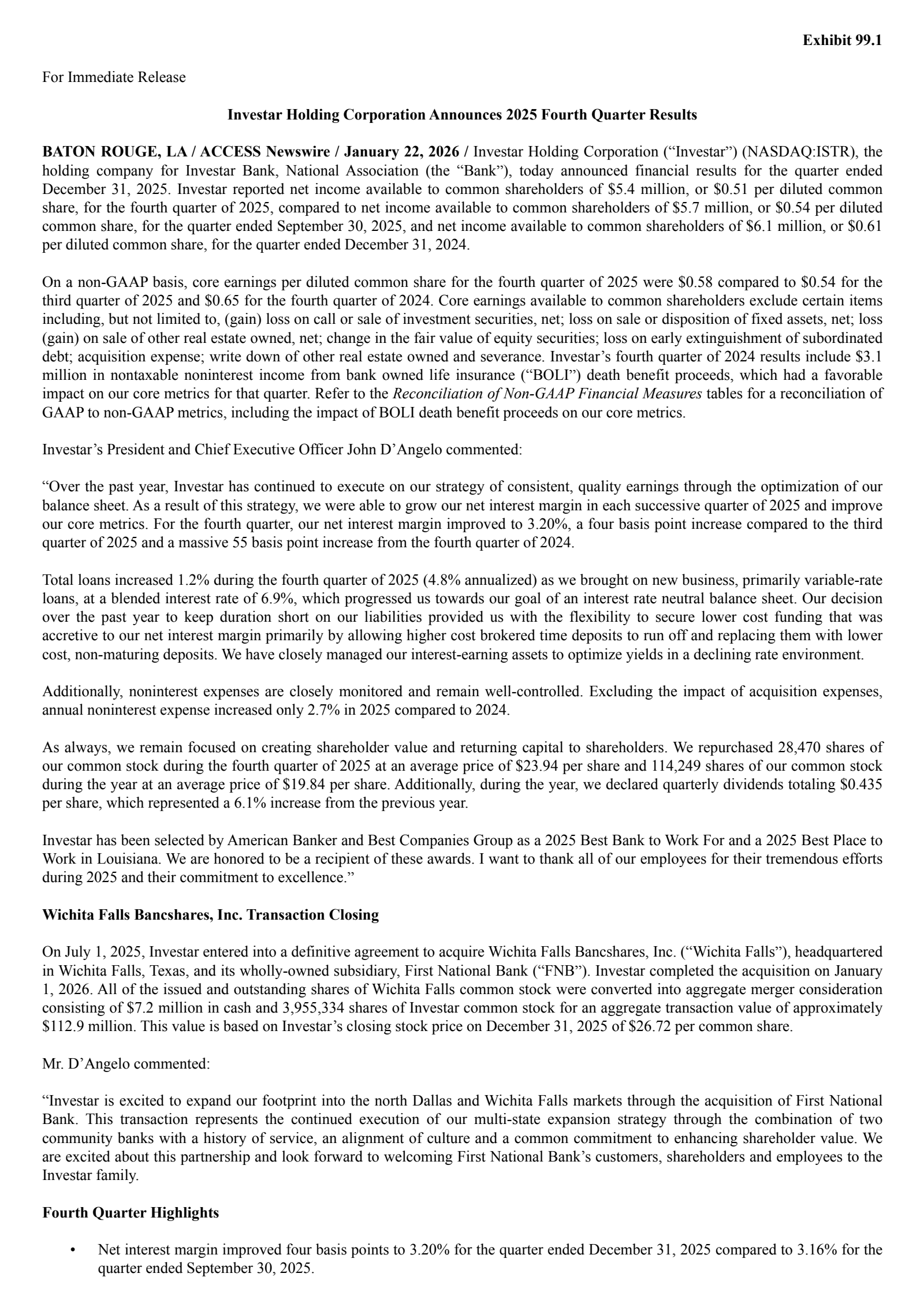 Investar's Q4 2025 Press Release