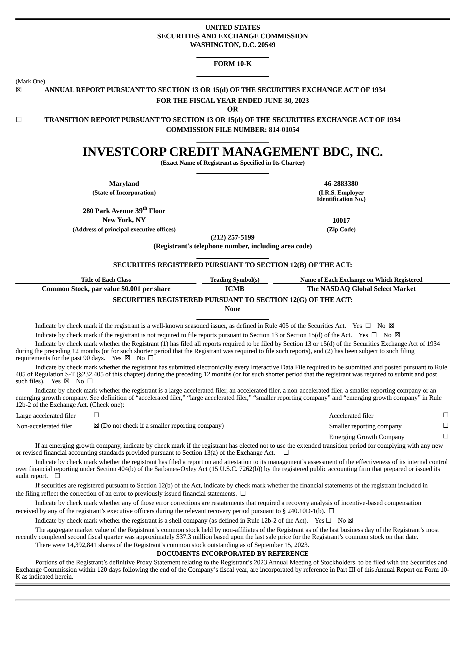 Investcorp Credit Management BDC's Q4 2023 Annual report