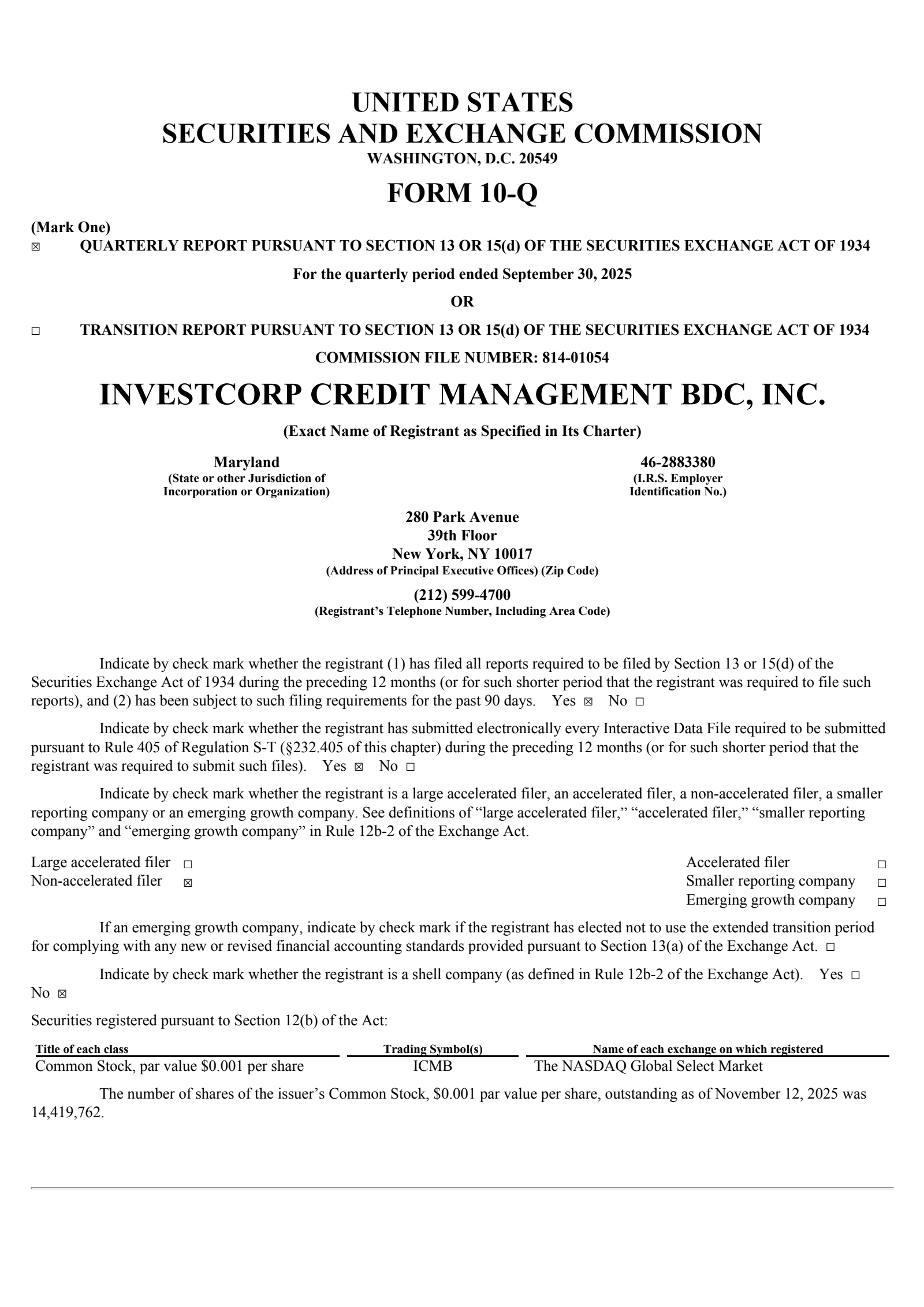 Investcorp Credit Management BDC's Q1 2026 Quarterly Report