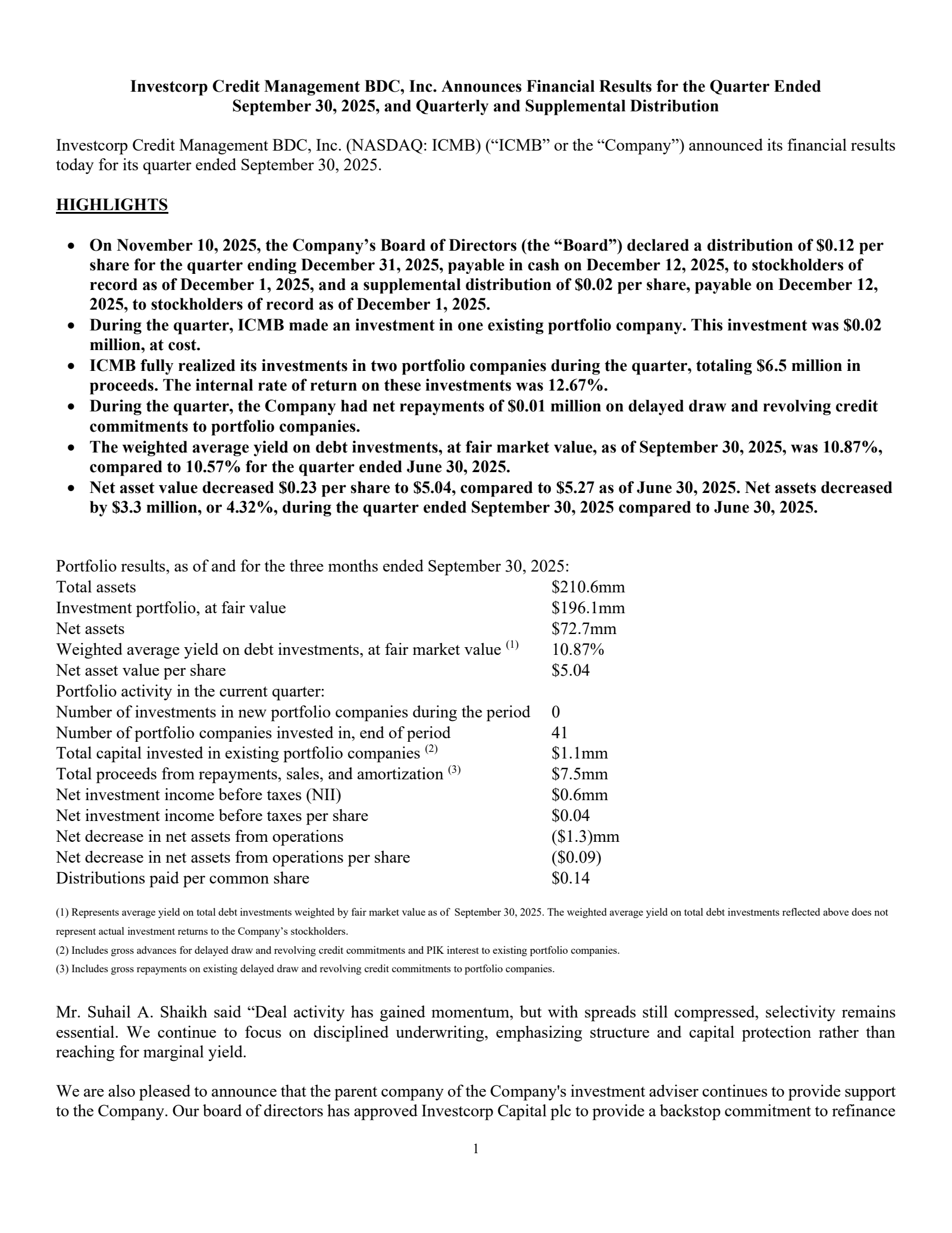 Investcorp Credit Management BDC's Q1 2026 Earnings Release