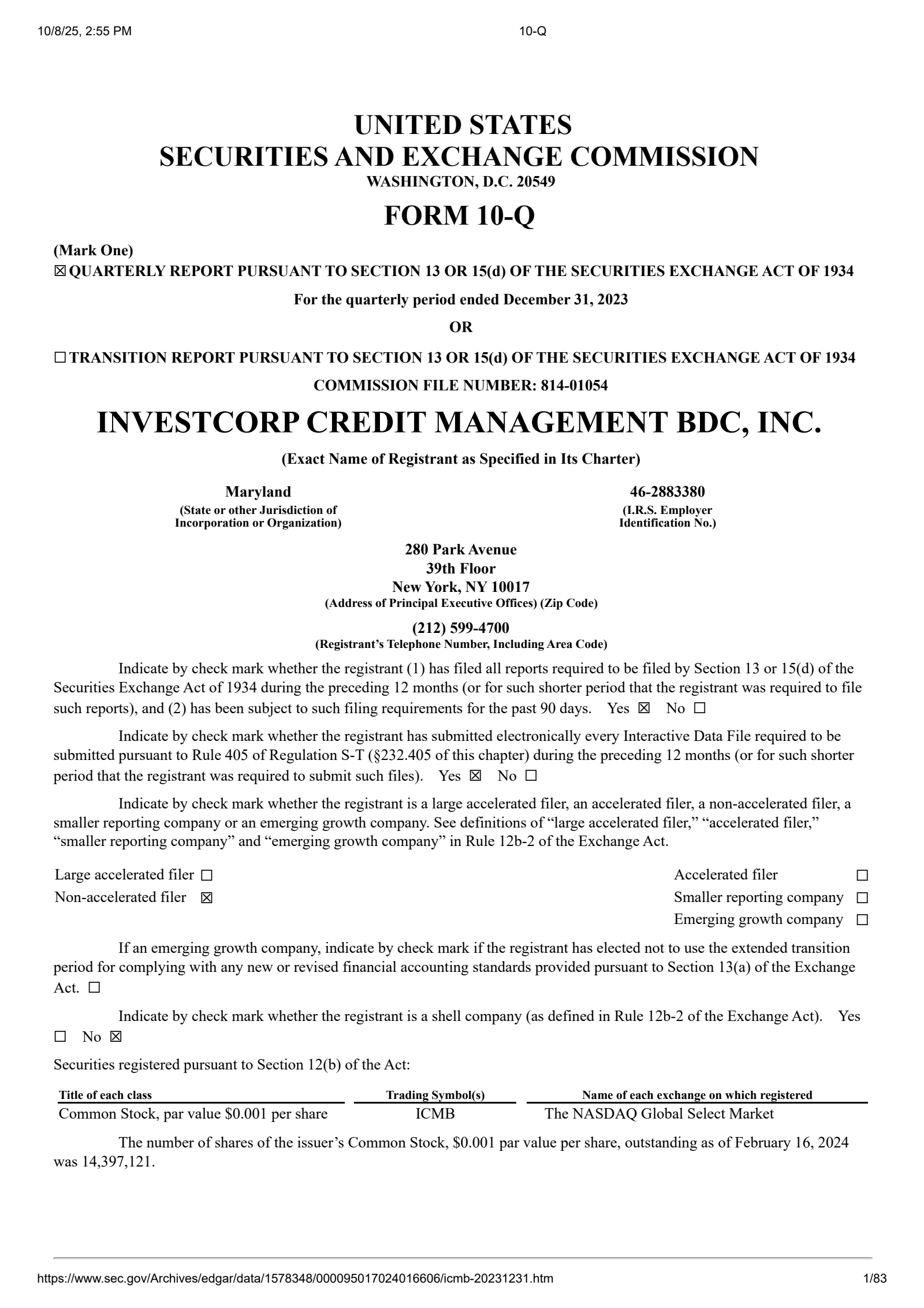 Investcorp Credit Management BDC's Q2 2024 Quarterly Report