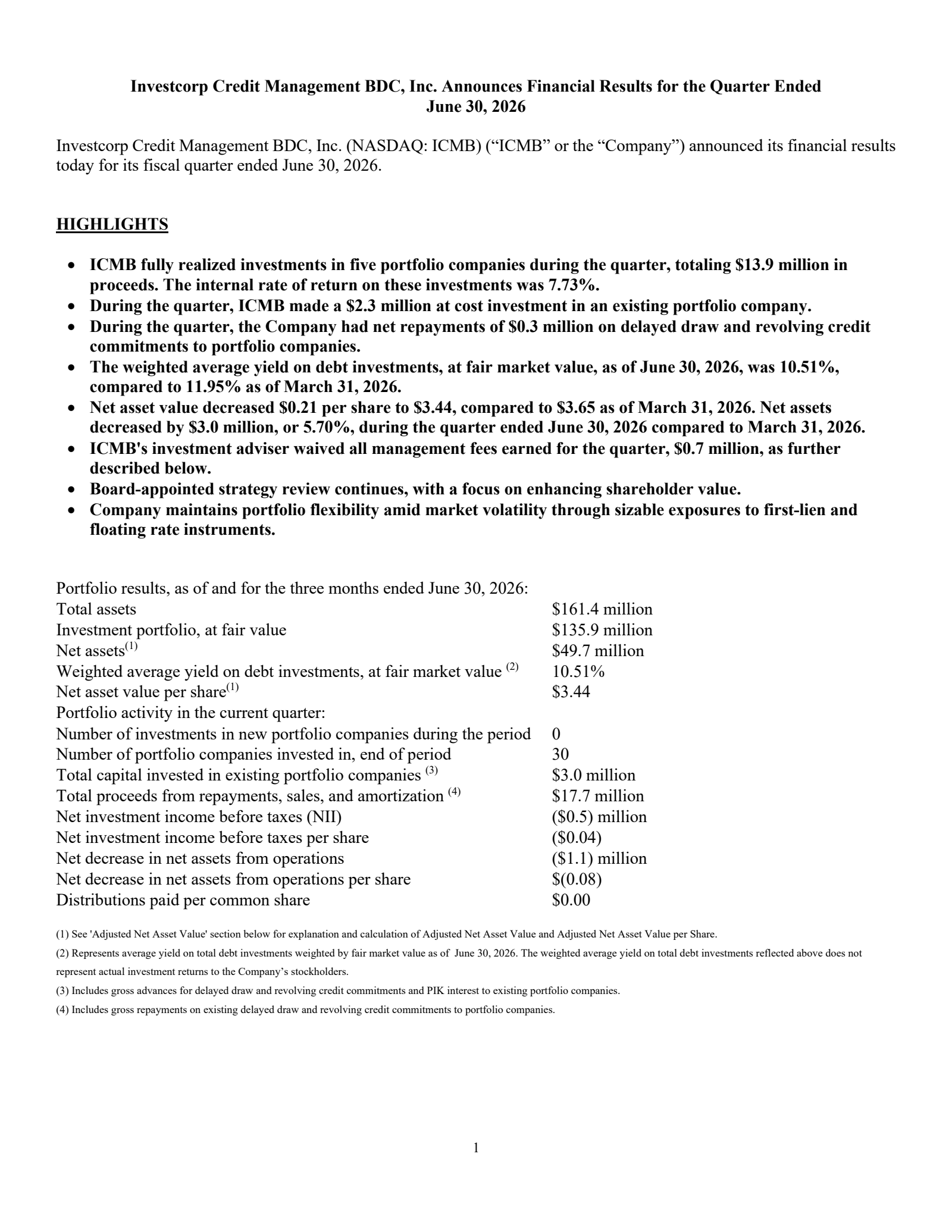 Investcorp Credit Management BDC's Q2 2026 Press Release