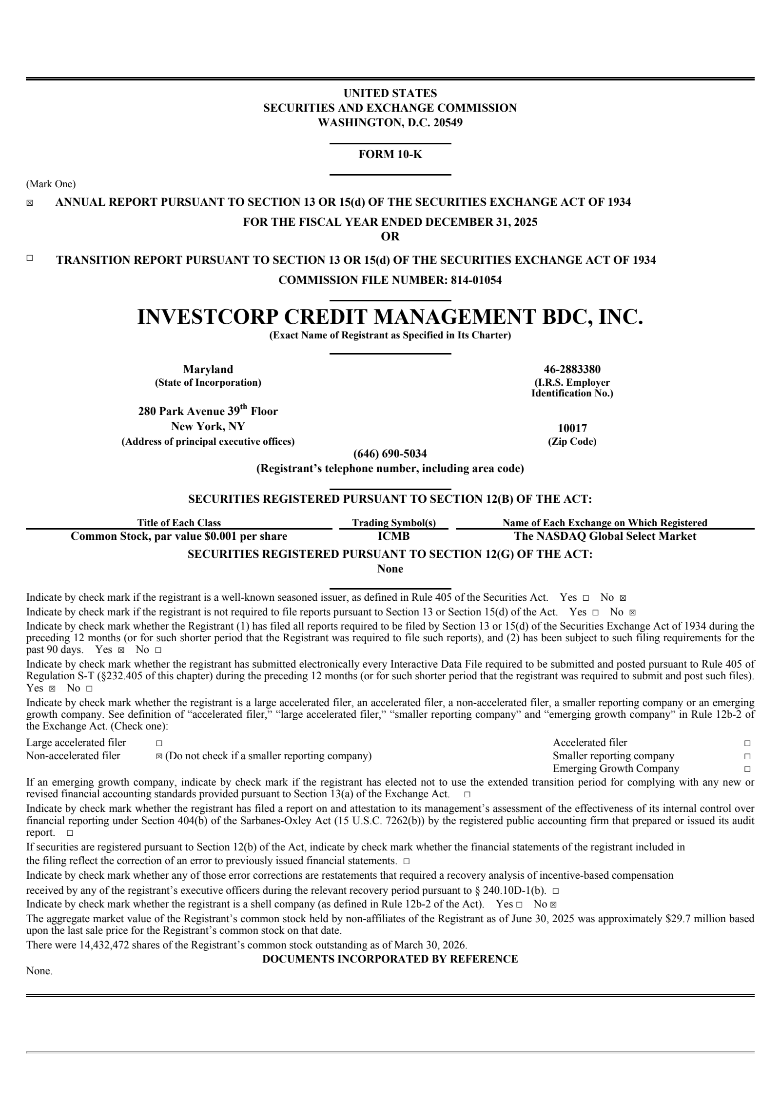 Investcorp Credit Management BDC's Q4 2025 Annual report
