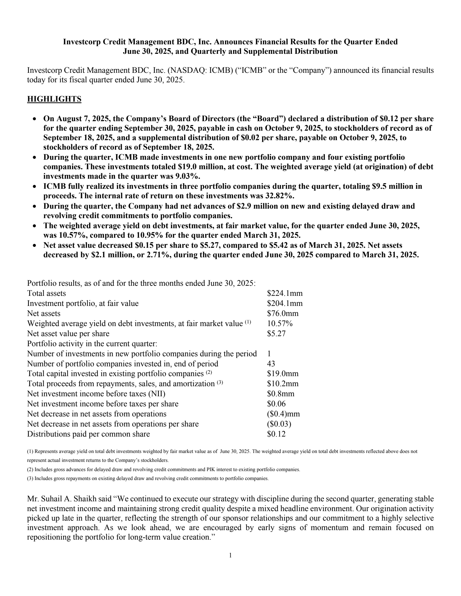 Investcorp Credit Management BDC's Q4 2025 Press Release
