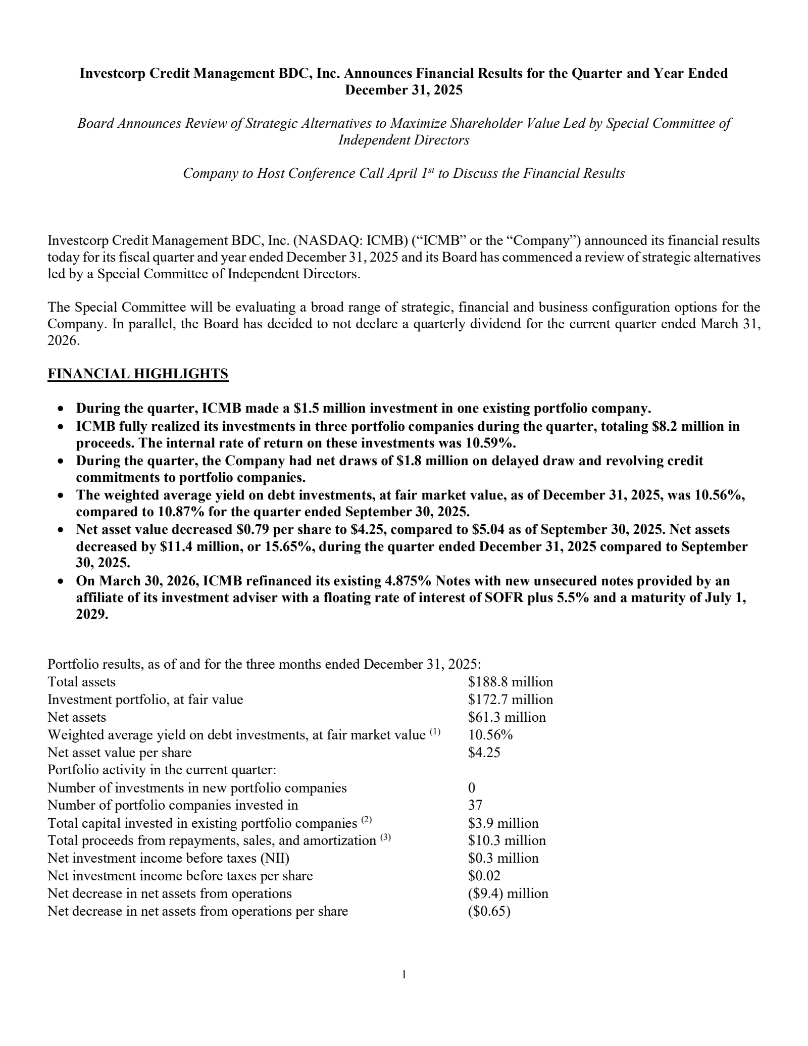 Investcorp Credit Management BDC's Q4 2025 Press Release