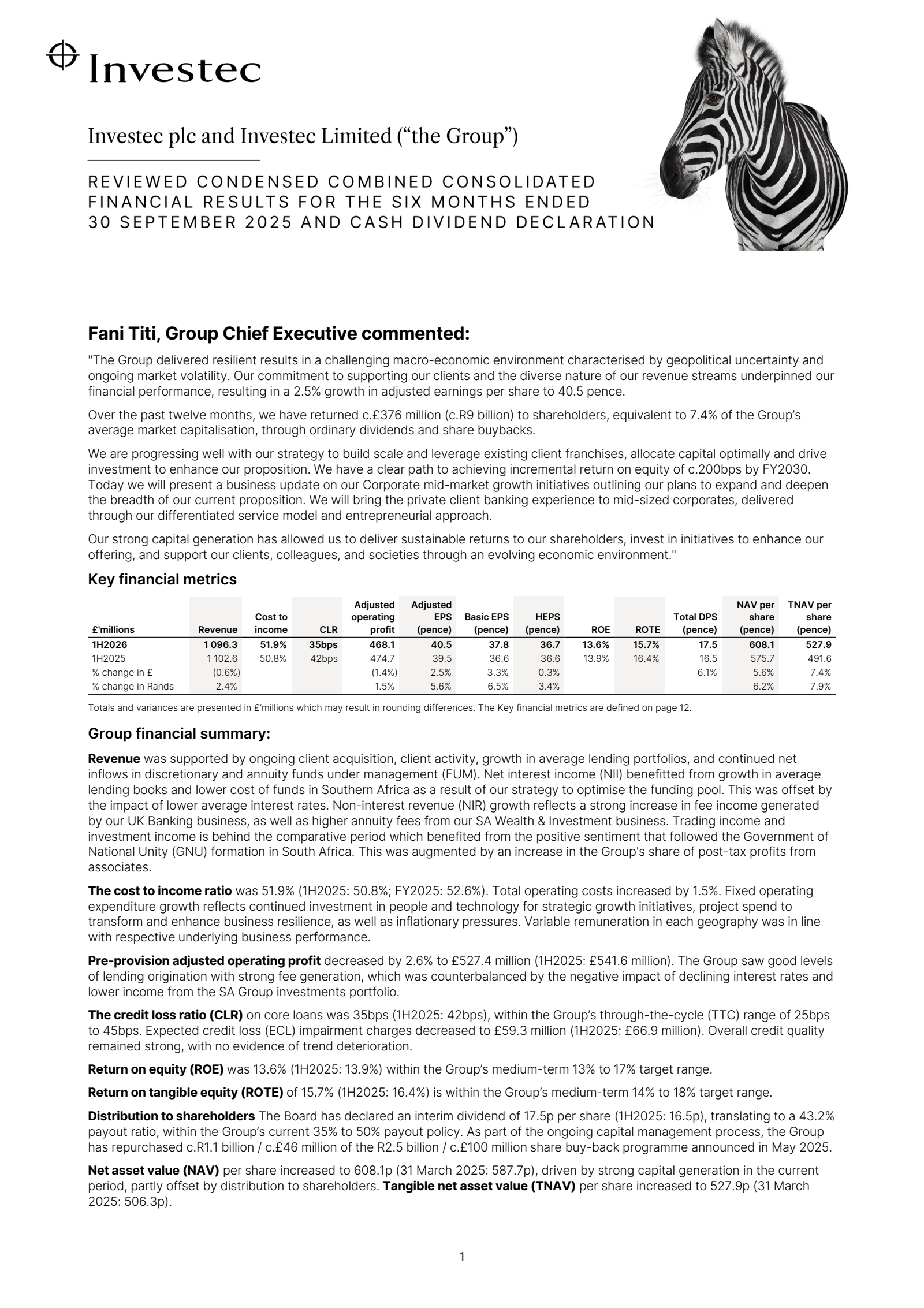 Investec Group's H1 2026 Interim Report
