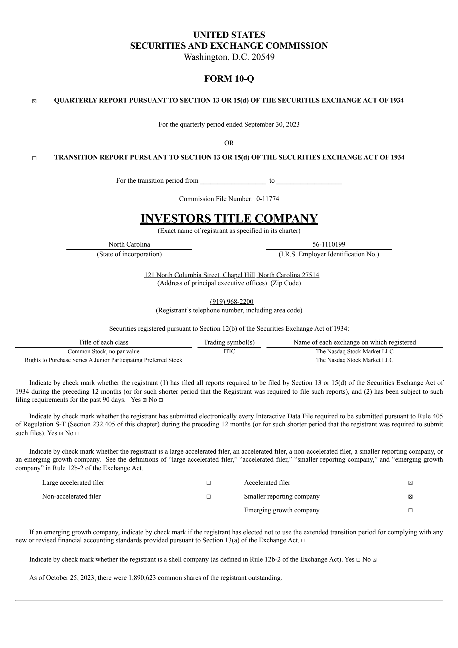 Investors Title's Q3 2023 Quarterly report