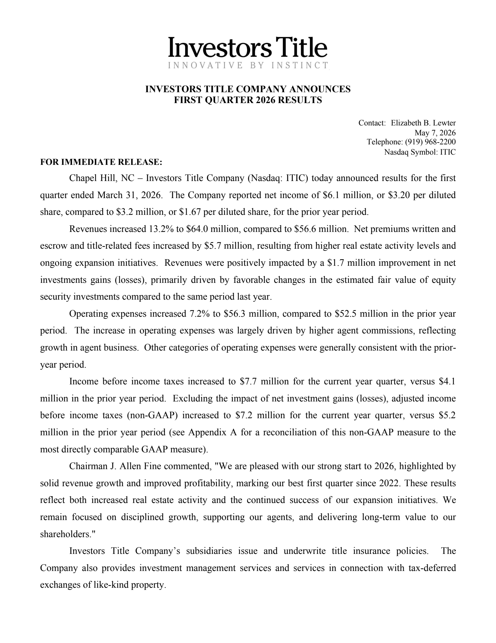 Investors Title's Q1 2026 Press Release