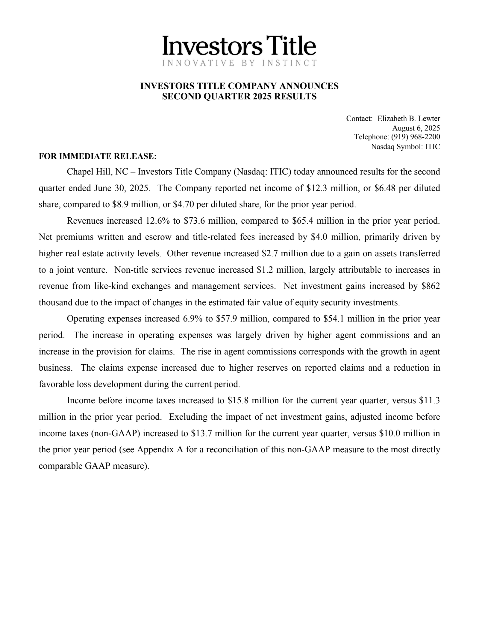 Investors Title's Q2 2025 Press Release