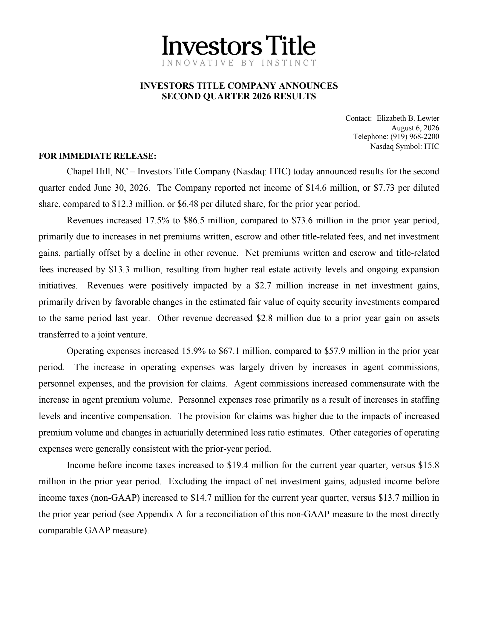Investors Title's Q2 2026 Press Release