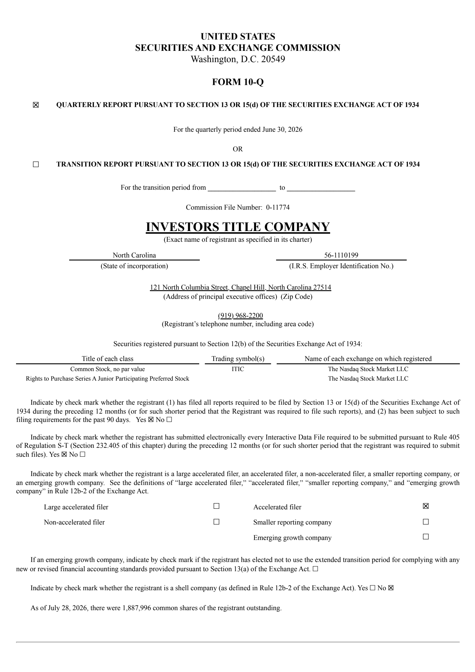 Investors Title's Q2 2026 Quarterly report
