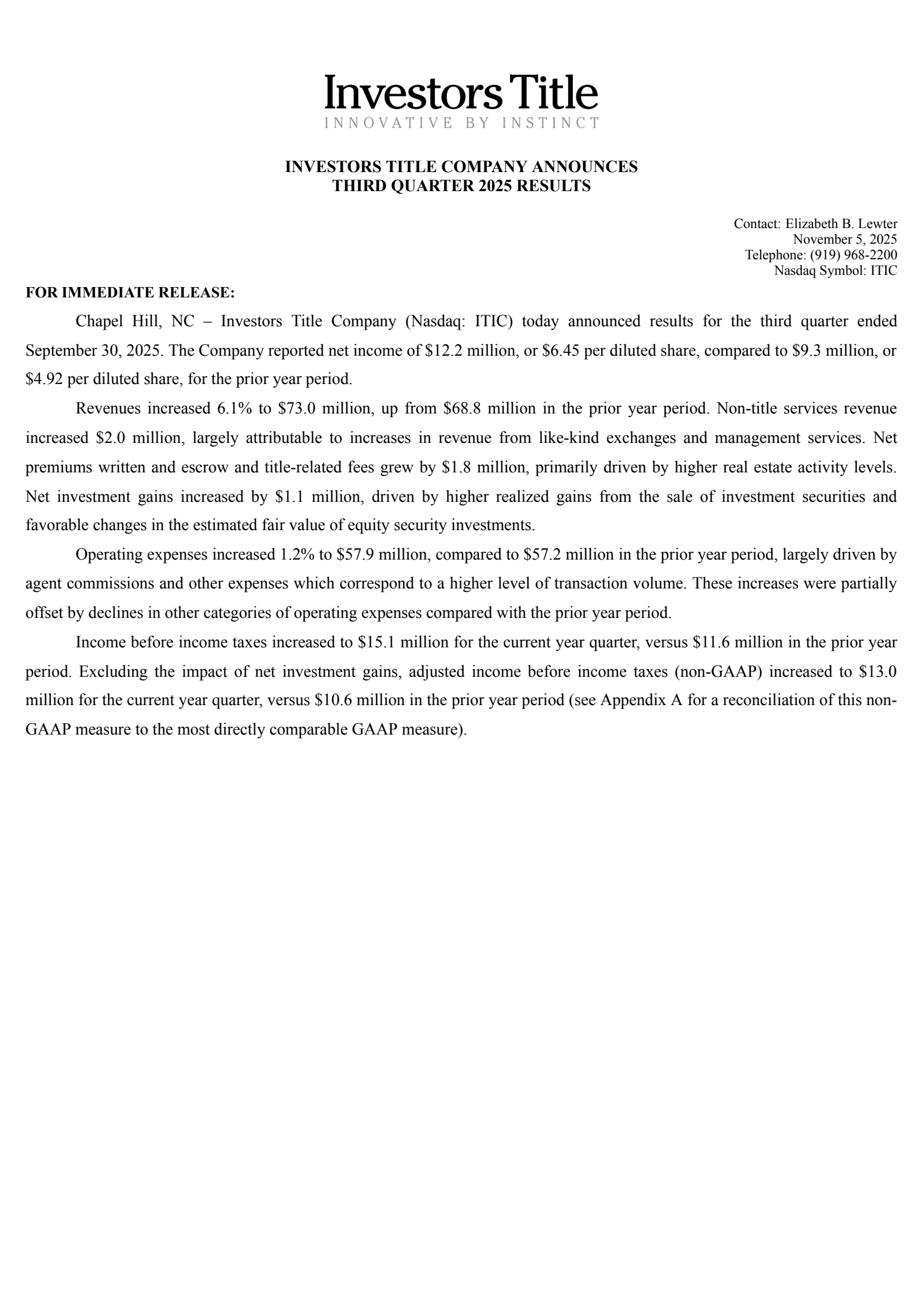 Investors Title's Q3 2025 Earnings Release