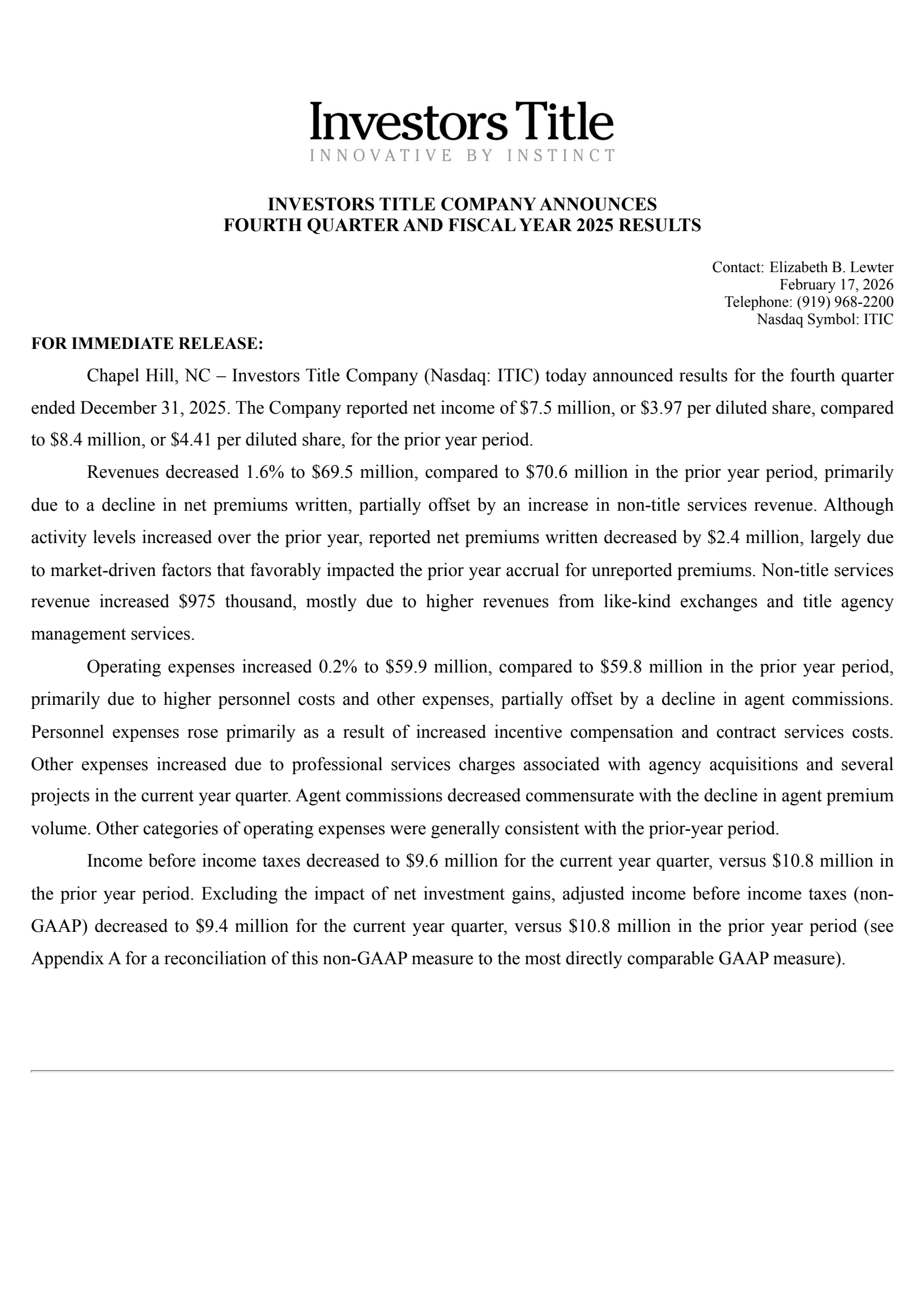 Investors Title's Q4 2025 Press Release