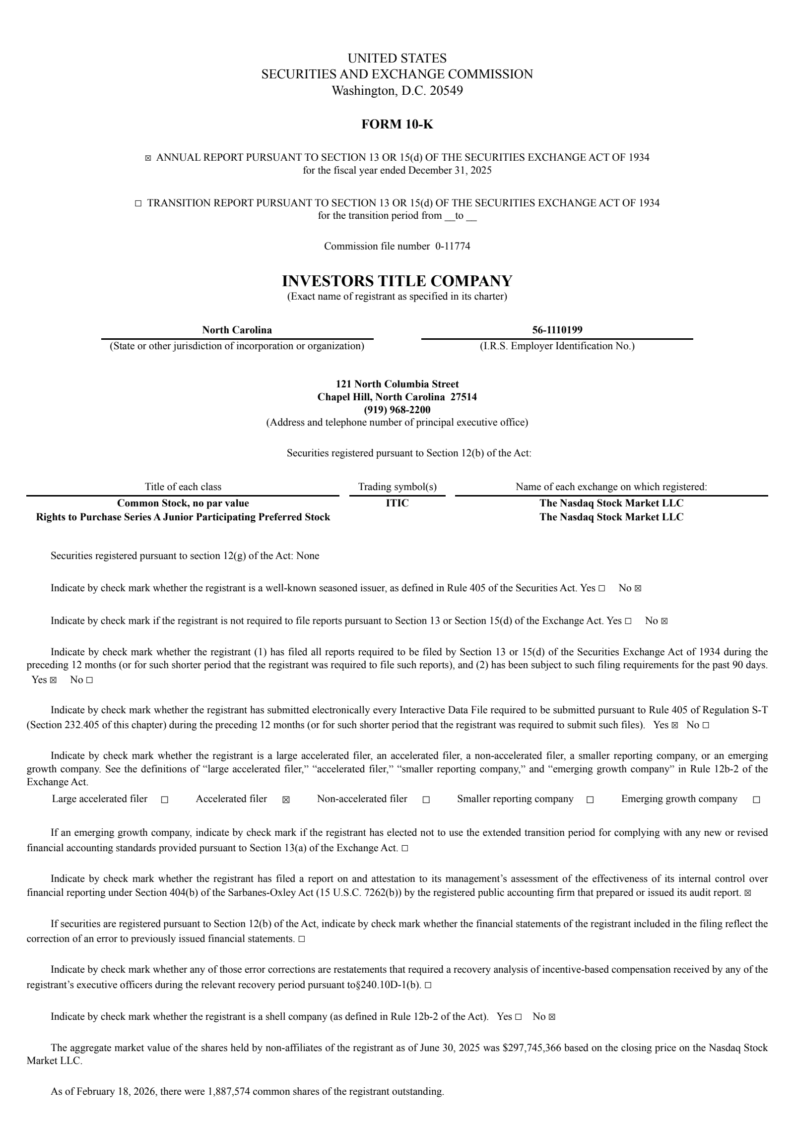 Investors Title's Q4 2025 Annual report