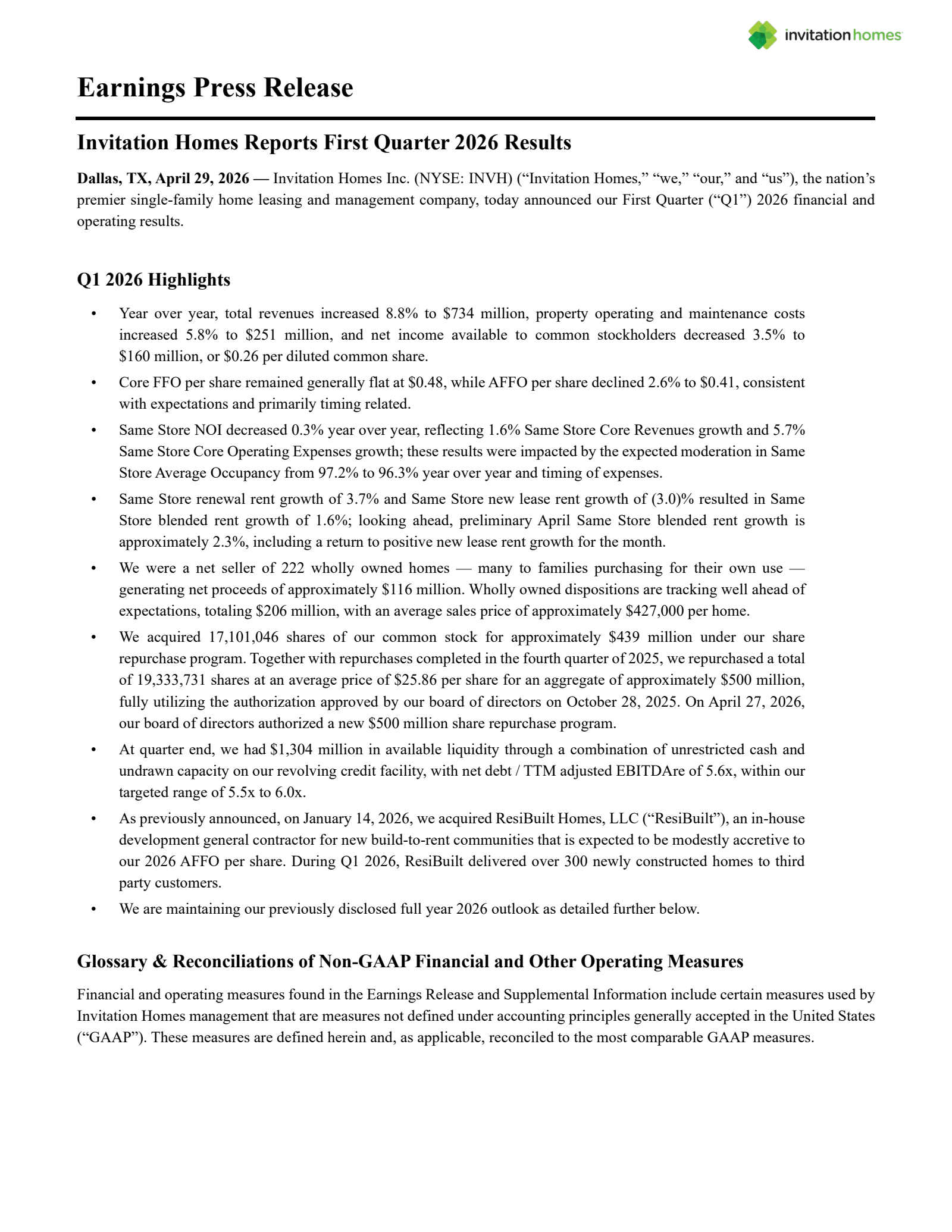 Invitation Home's Q1 2026 Press Release