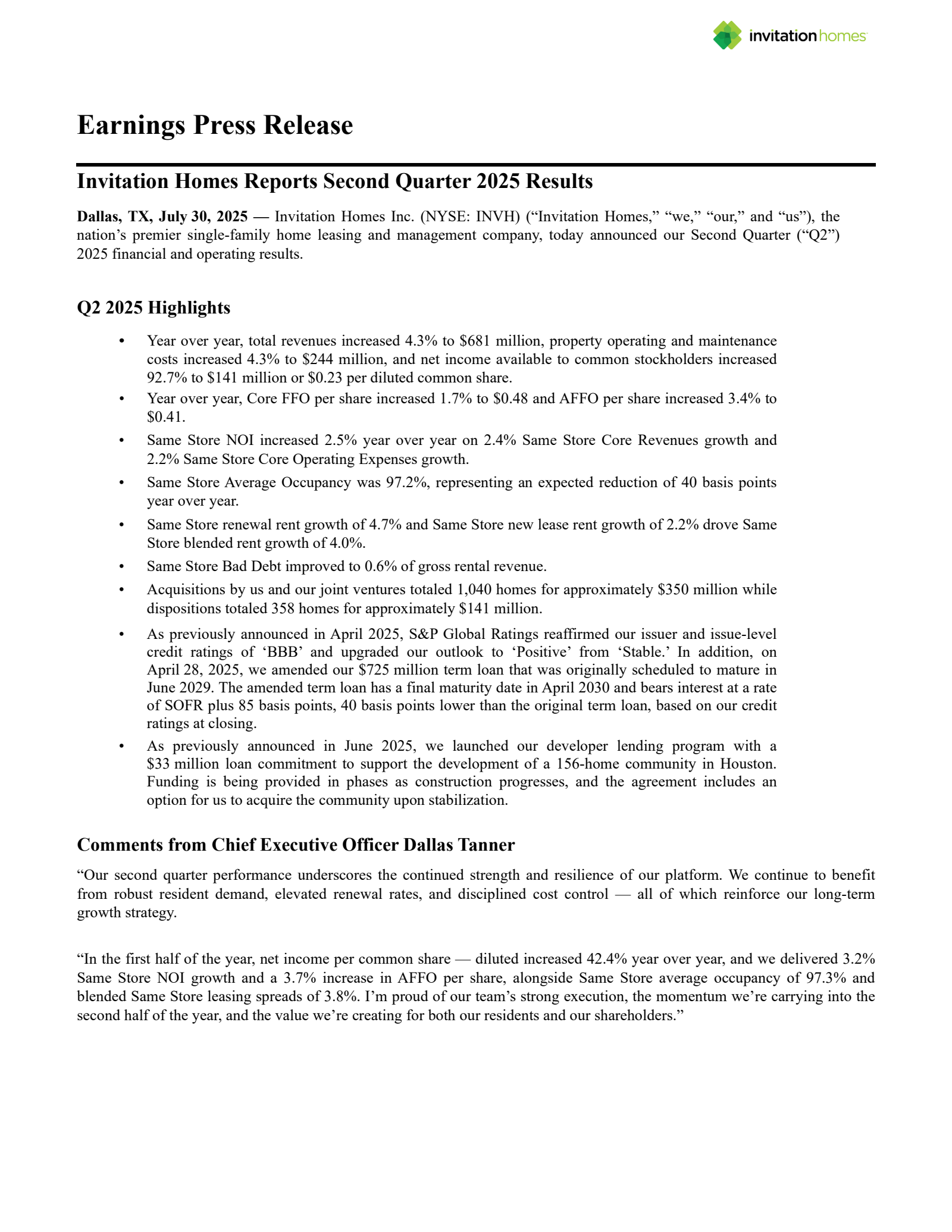 Invitation Home's Q2 2025 Press Release