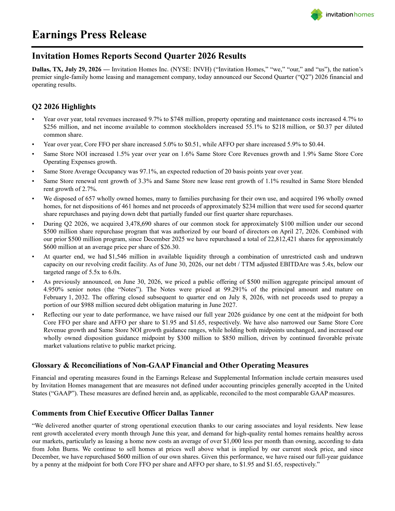 Invitation Home's Q2 2026 Press Release