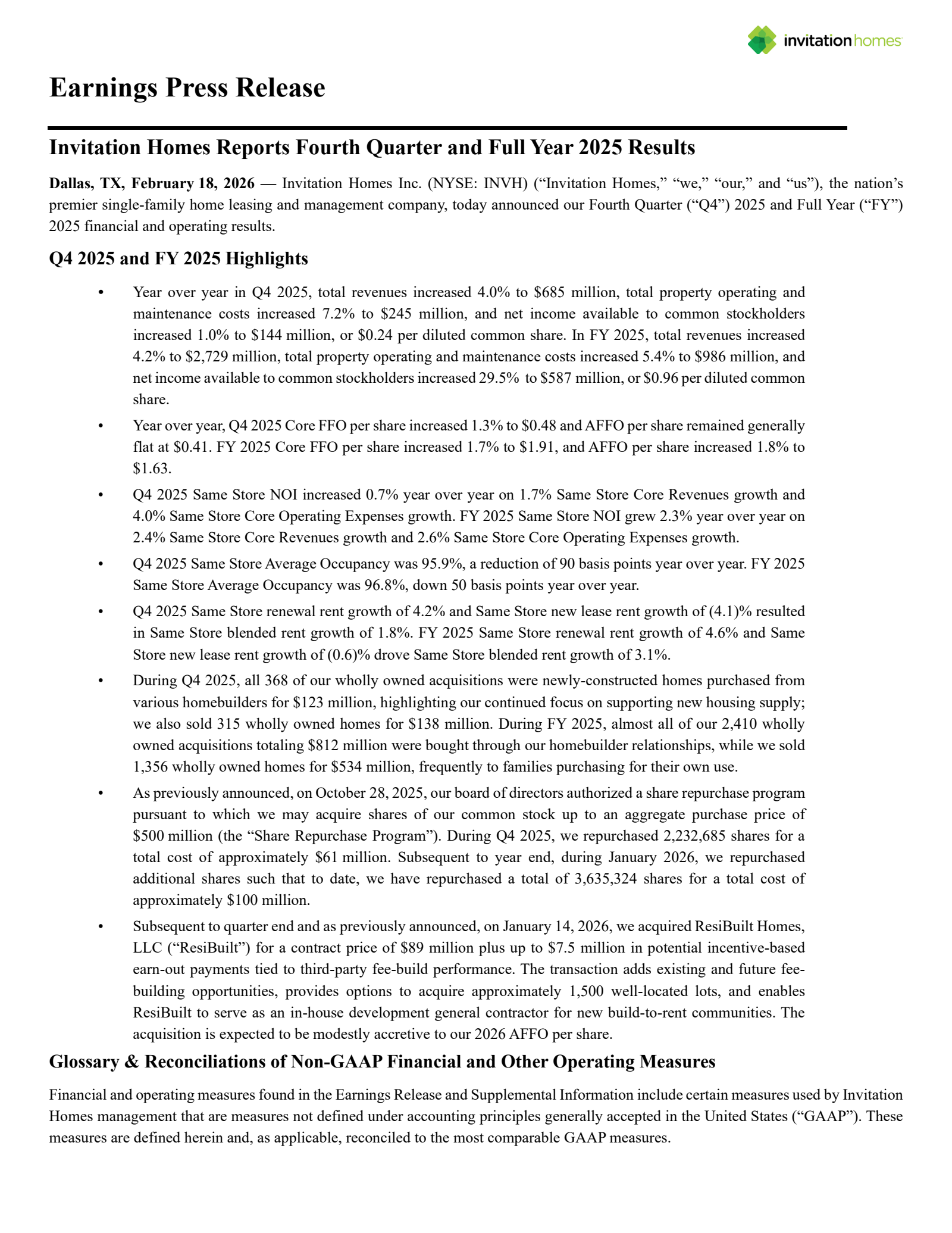 Invitation Home's Q4 2025 Press Release