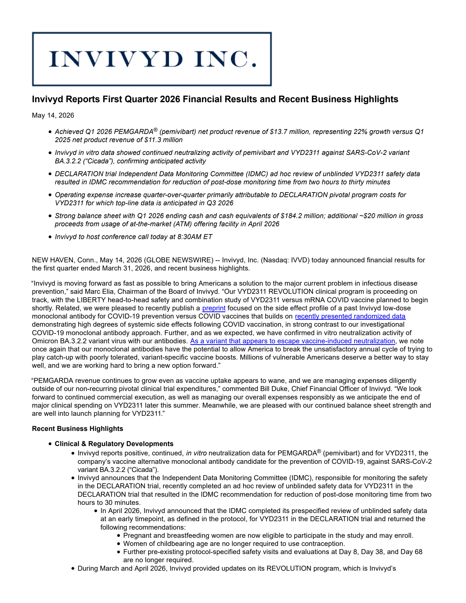 Invivyd's Q1 2026 Press Release