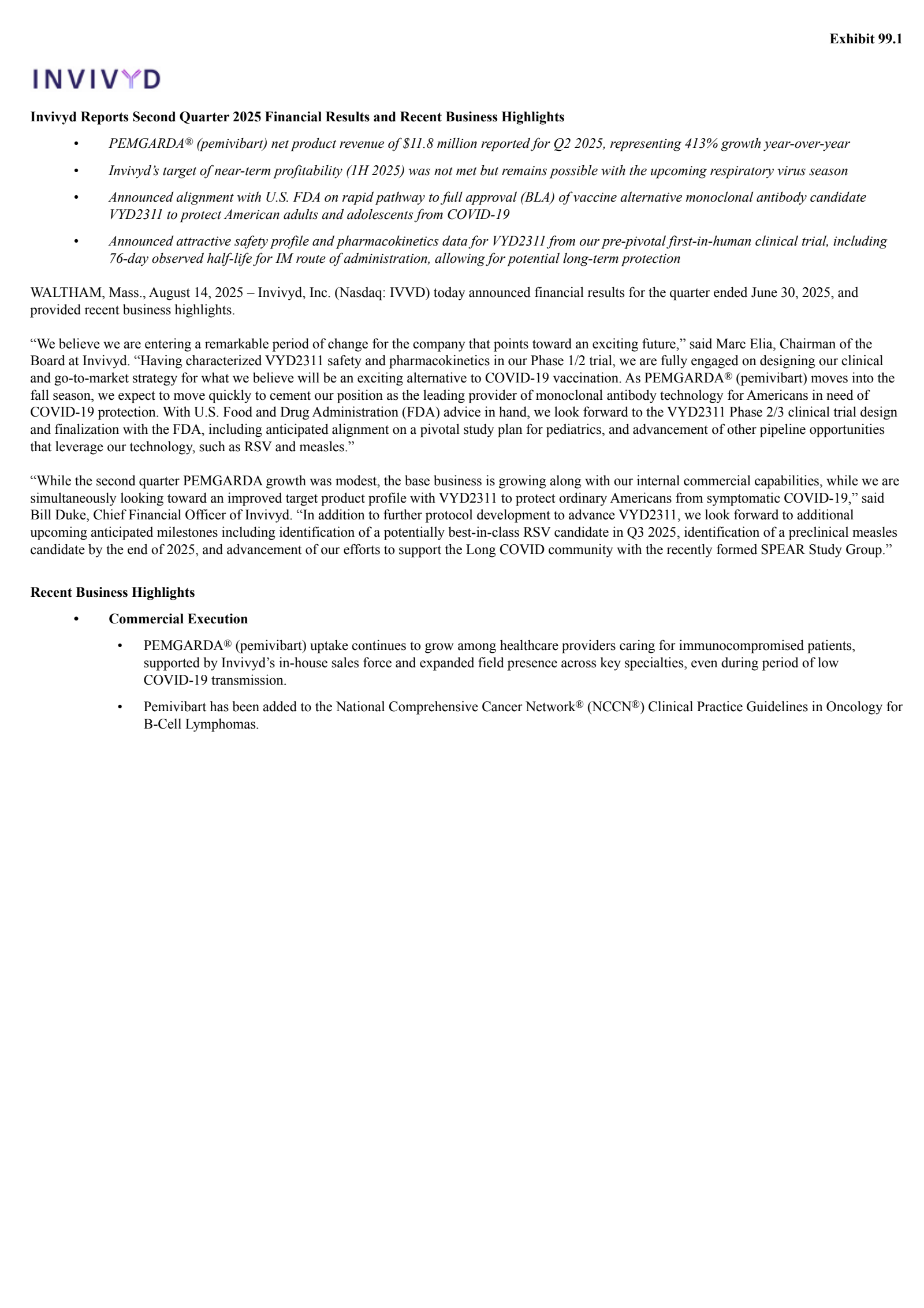 Invivyd's Q2 2025 Press Release