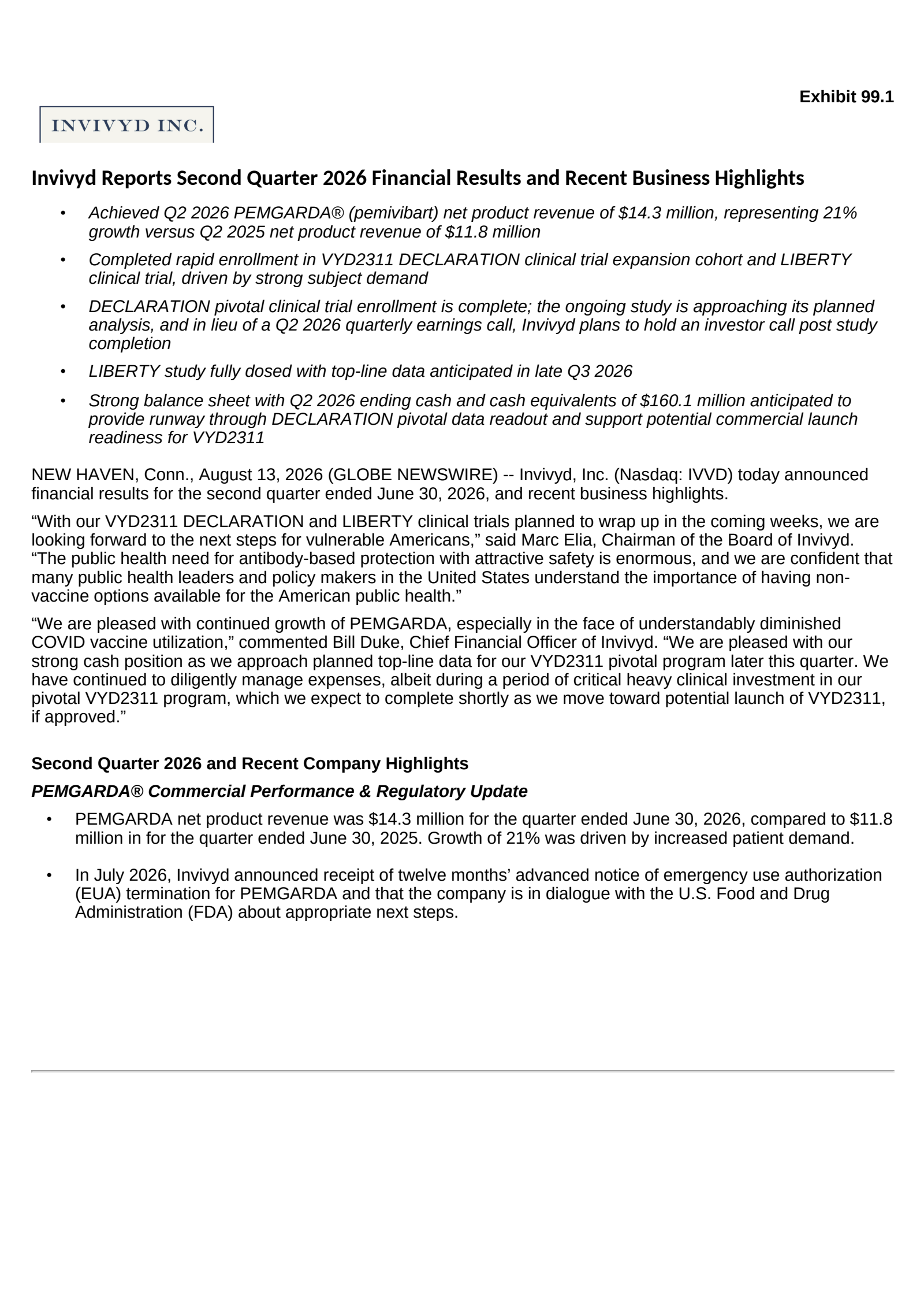 Invivyd's Q2 2026 Press Release