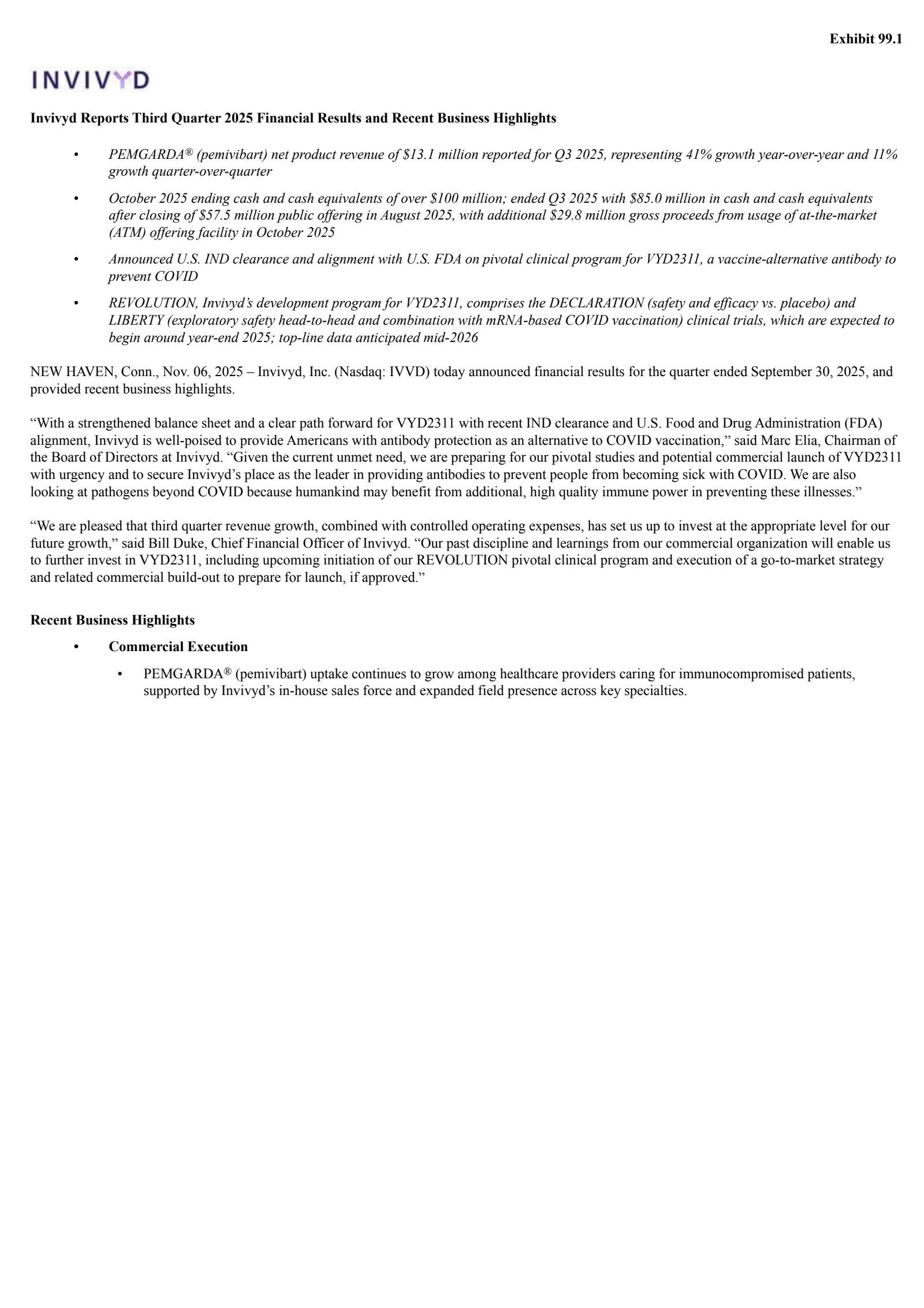 Invivyd's Q3 2025 Earnings Release