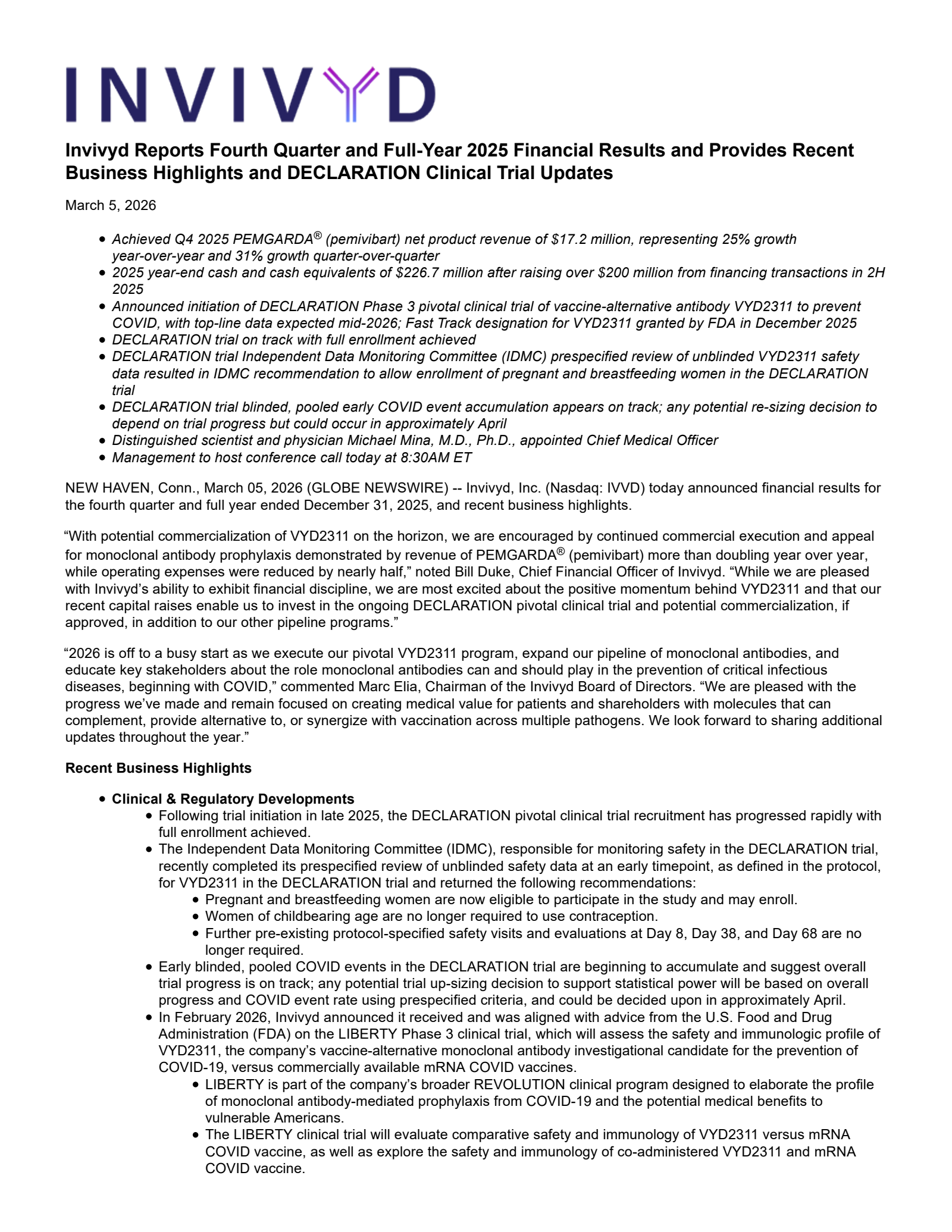 Invivyd's Q4 2025 Press Release