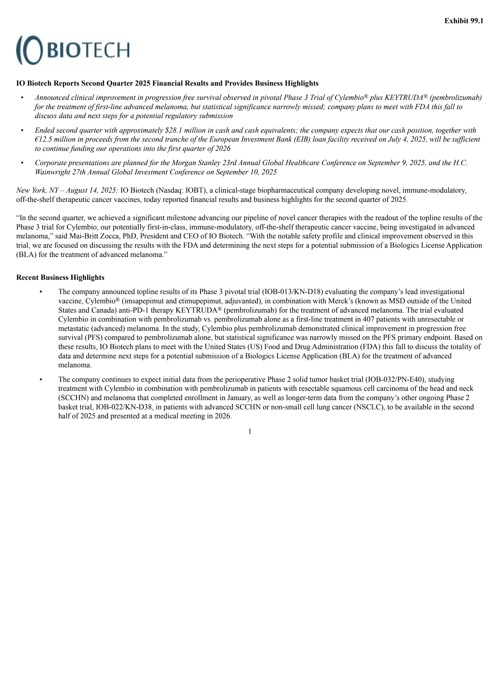 IO Biotech's Q2 2025 Press Release