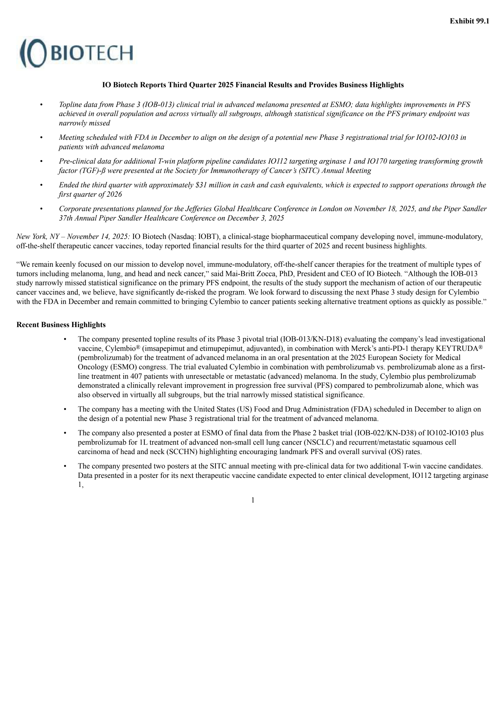 IO Biotech's Q3 2025 Earnings Release