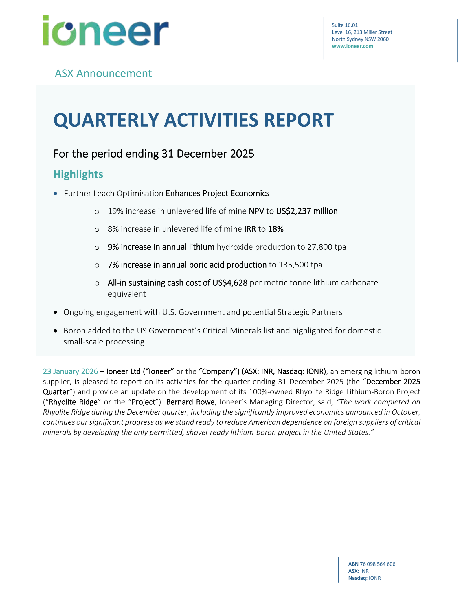 ioneer's Q2 2026 TU Press Release