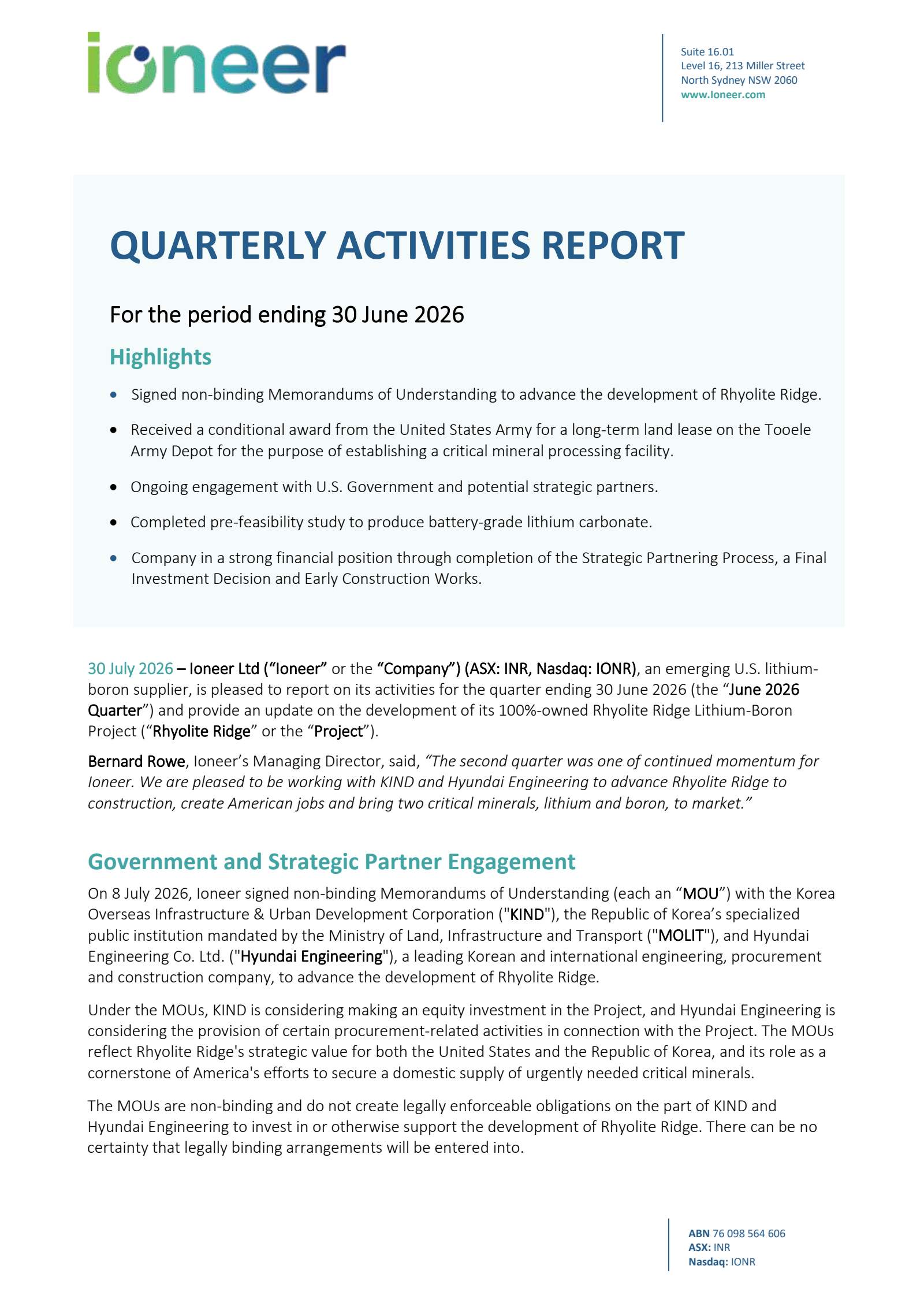 ioneer's Q4 2026 TU Press Release