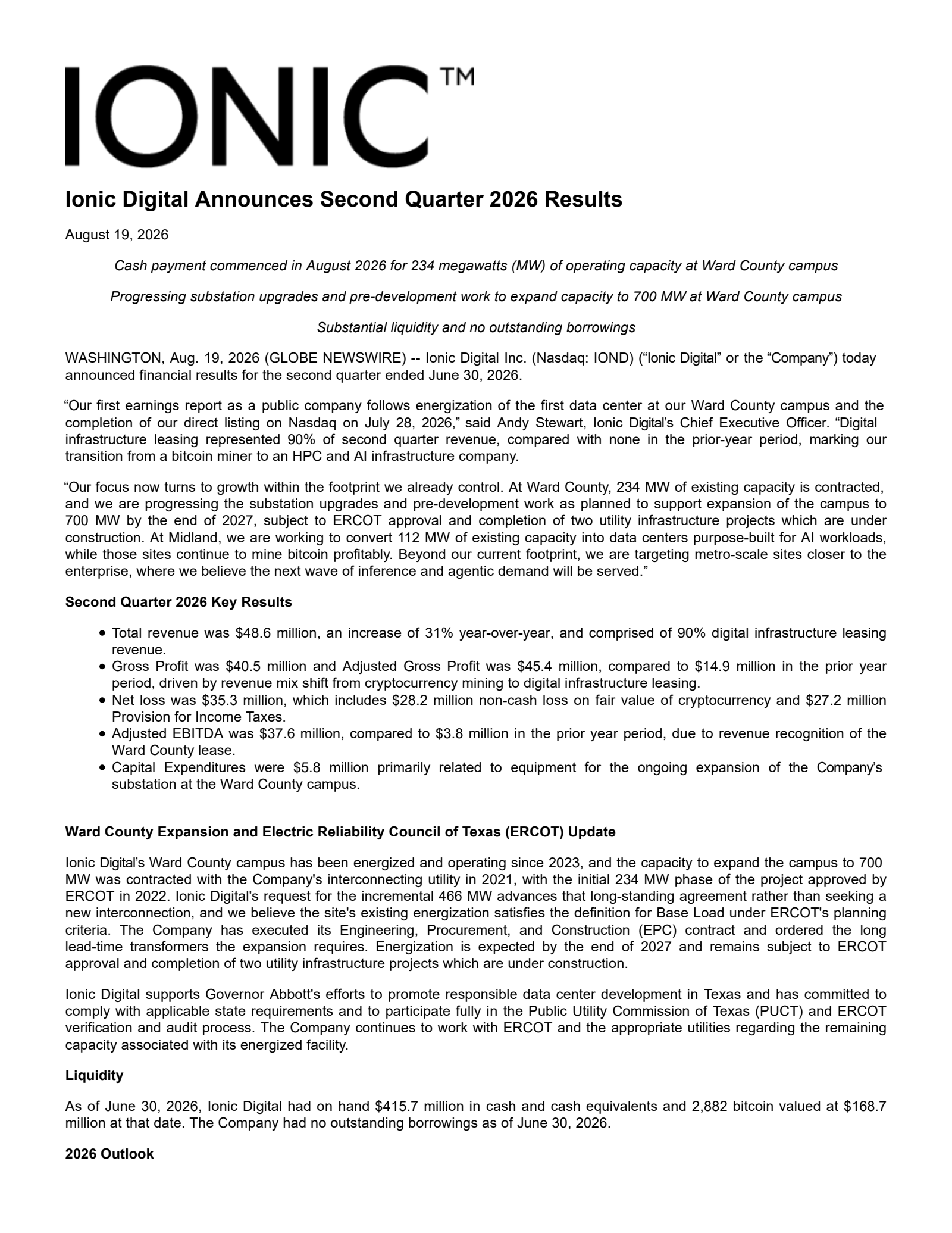 Ionic Digital's Q2 2026 Press Release