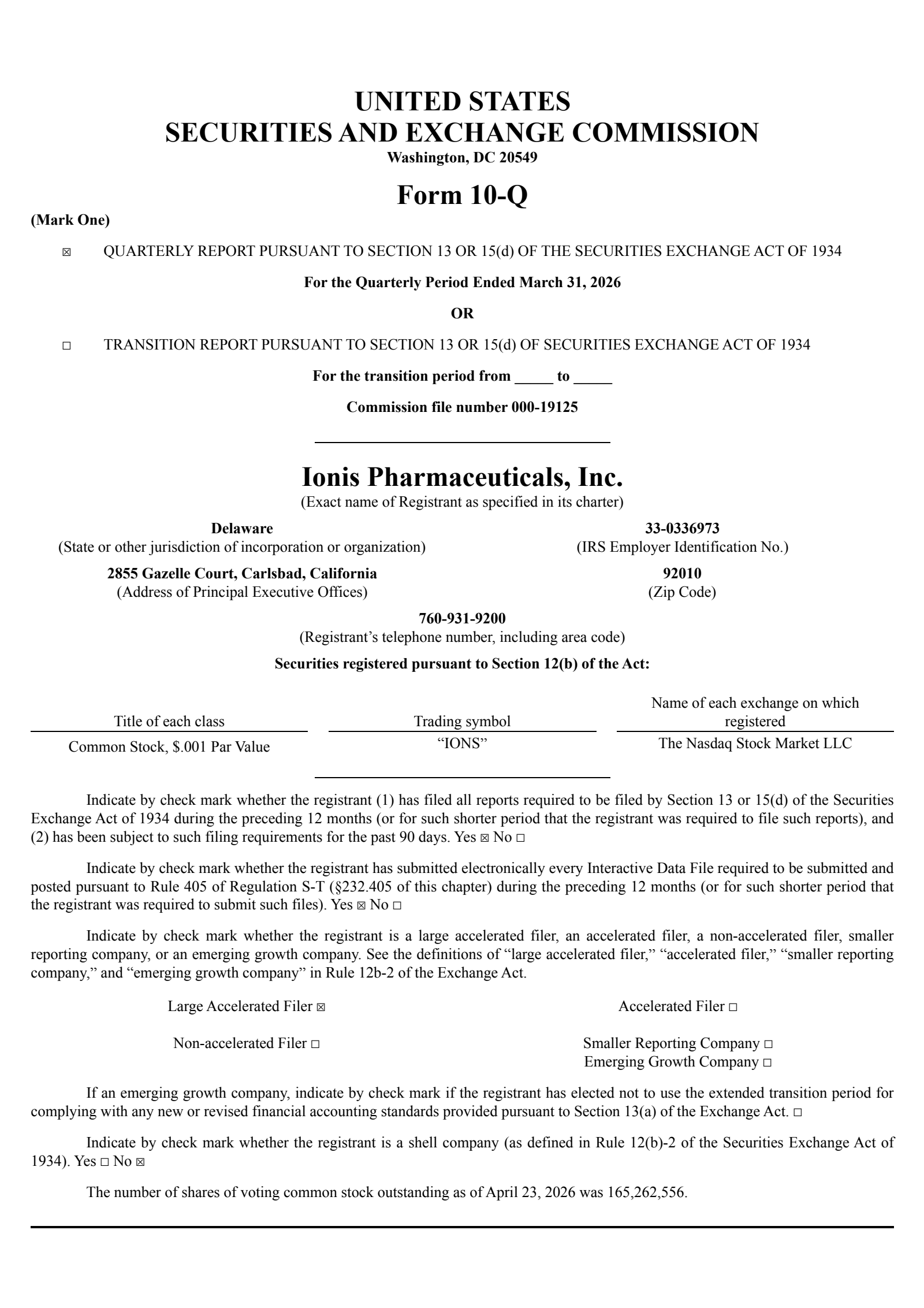Ionis Pharmaceuticals' Q1 2026 Quarterly report