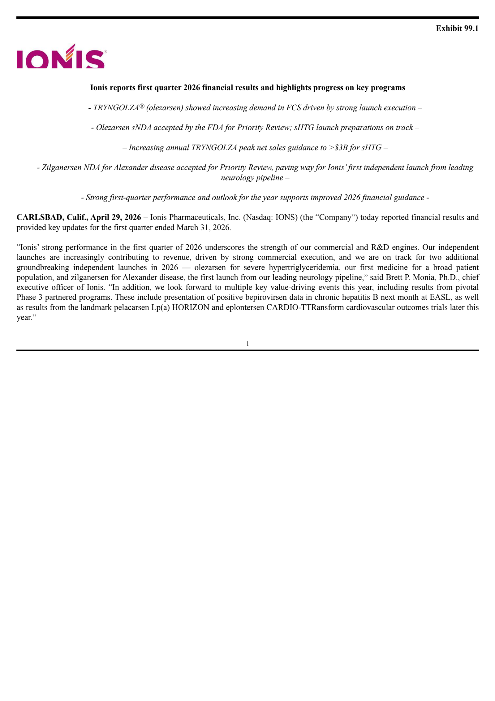 Ionis Pharmaceuticals' Q1 2026 Press Release