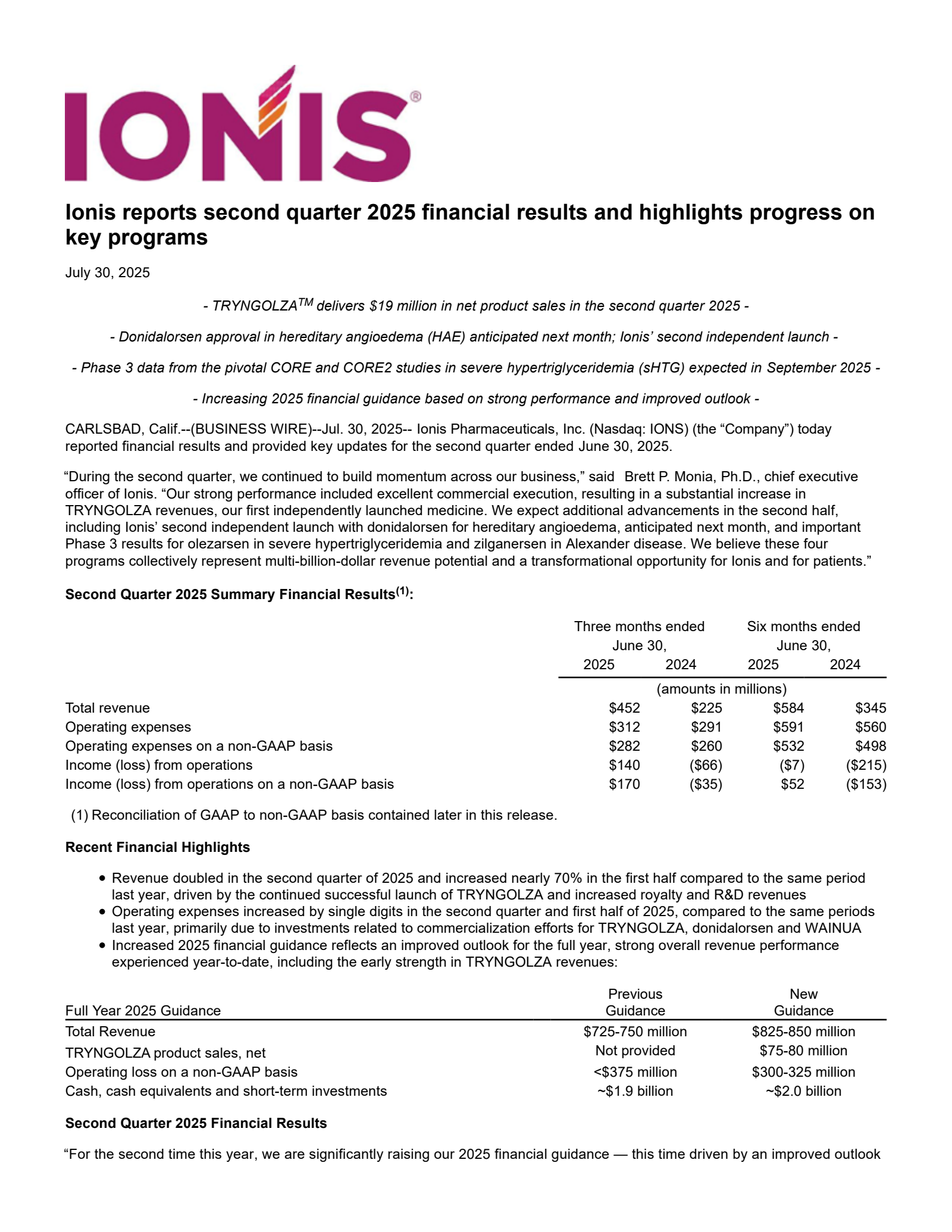 Ionis Pharmaceuticals' Q2 2025 Press Release