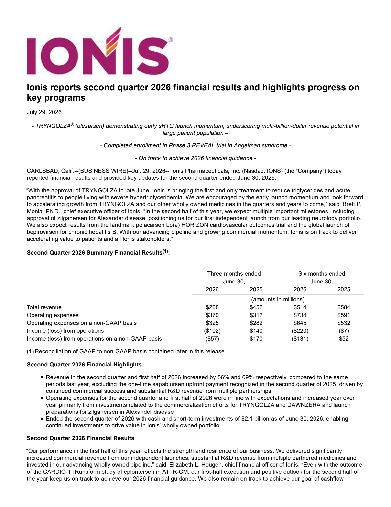 Ionis Pharmaceuticals' Q2 2026 Press Release