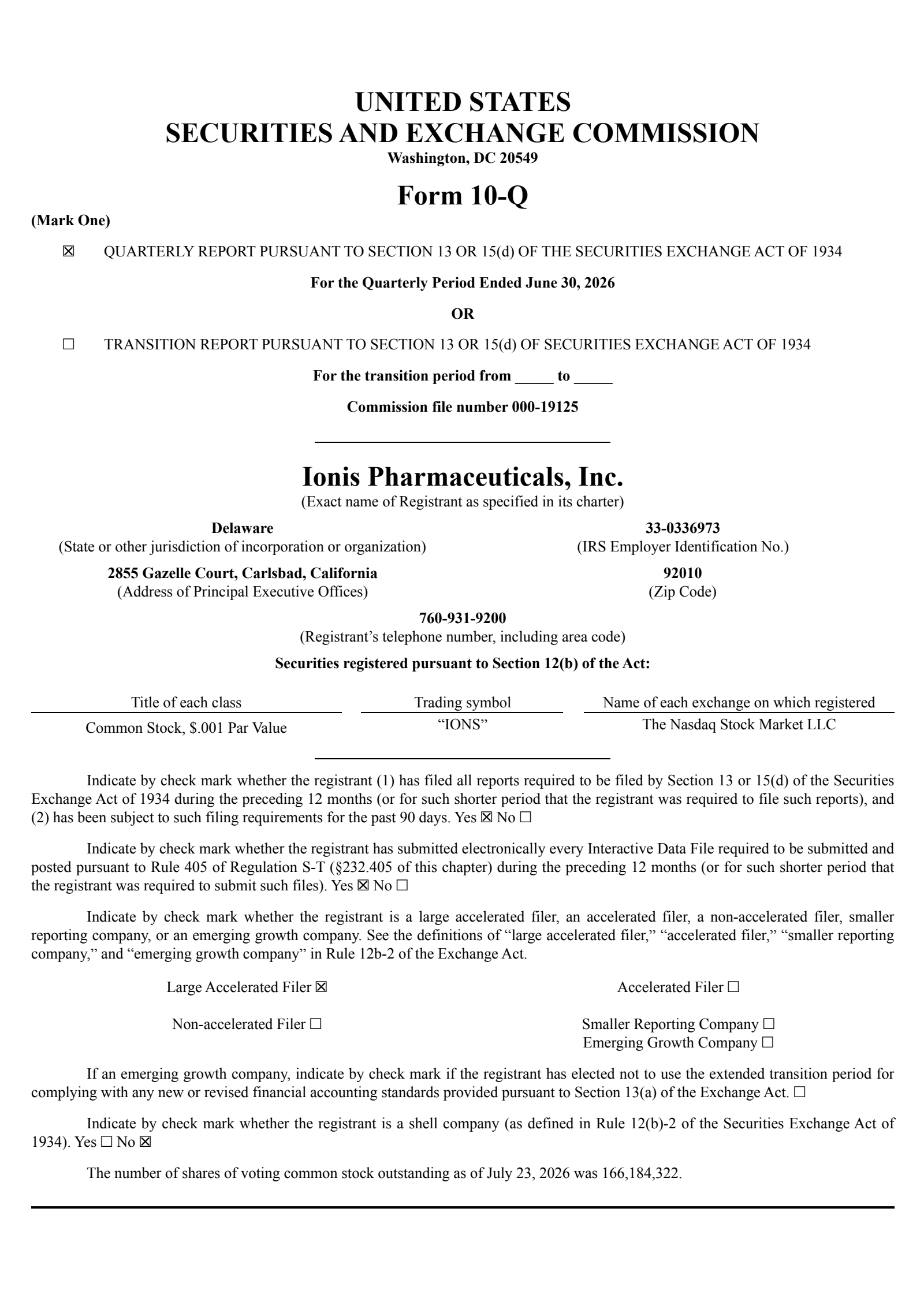 Ionis Pharmaceuticals' Q2 2026 Quarterly report