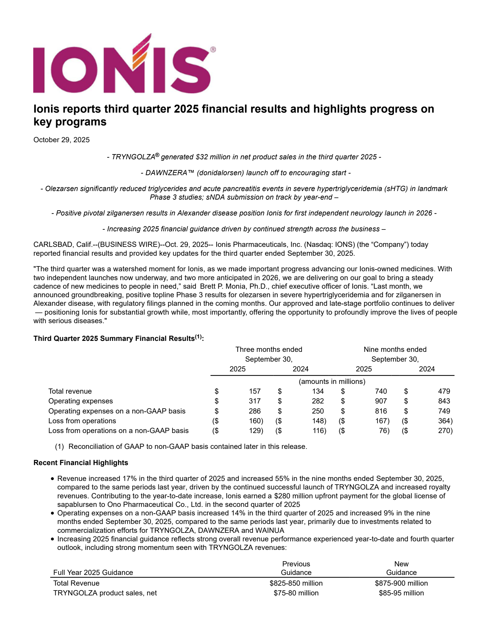 Ionis Pharmaceuticals' Q3 2025 Earnings Release
