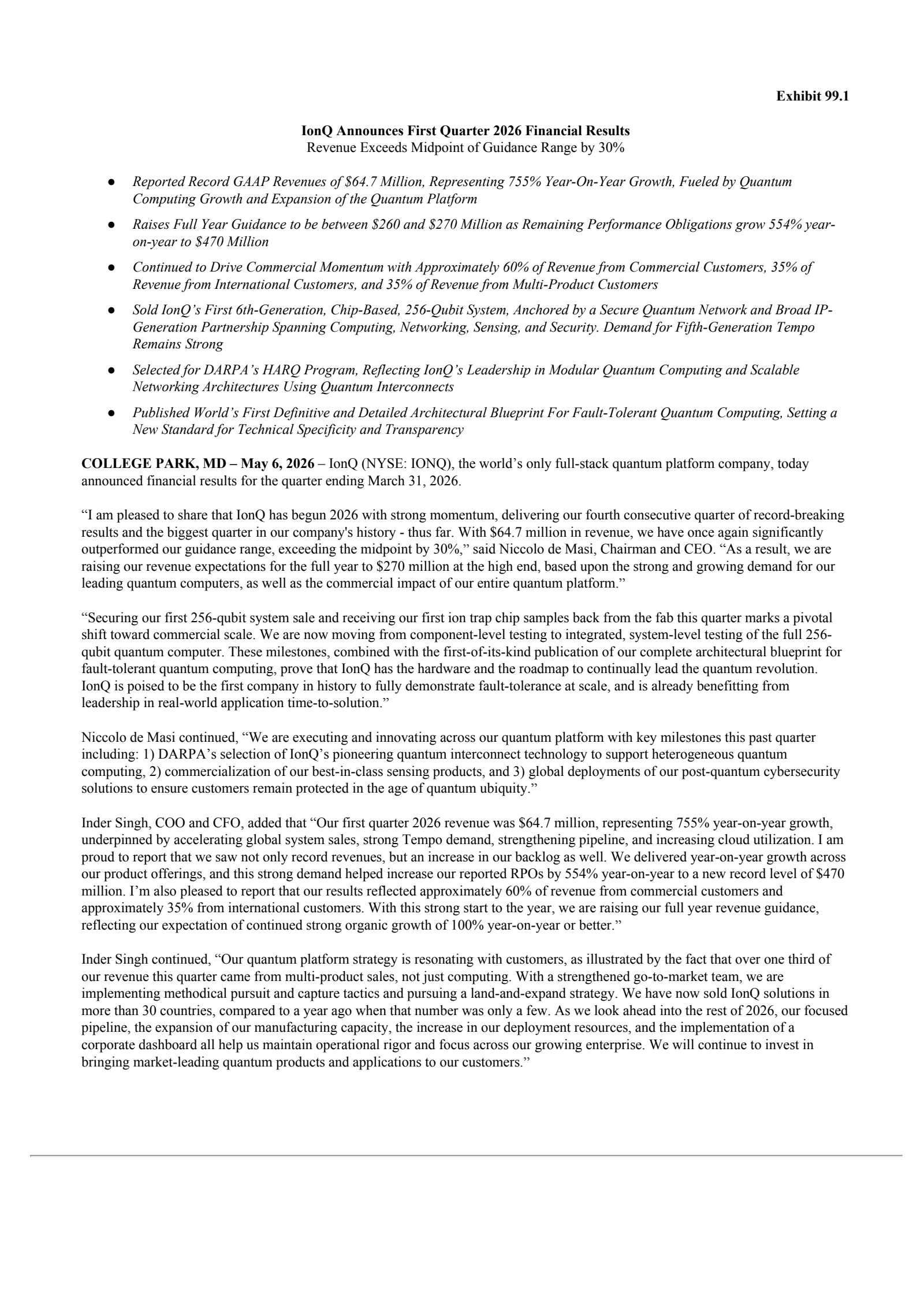 IonQ's Q1 2026 Press Release