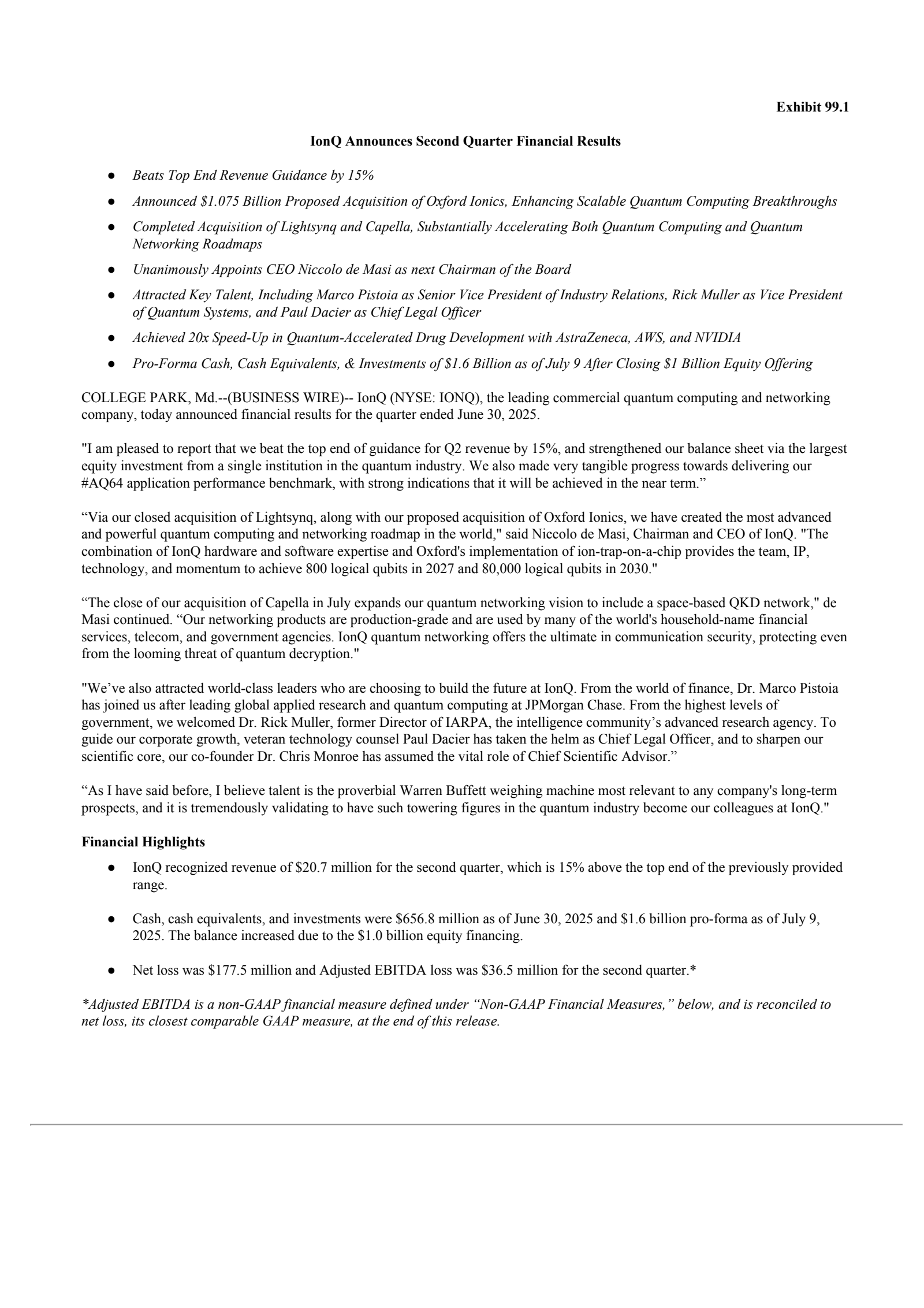 IonQ's Q2 2025 Press Release