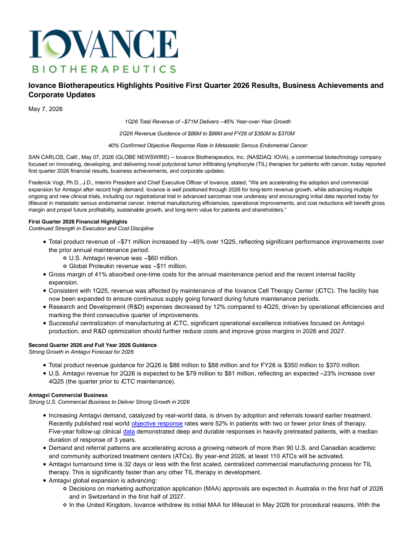 Iovance Biotherapeutics' Q1 2026 Press Release