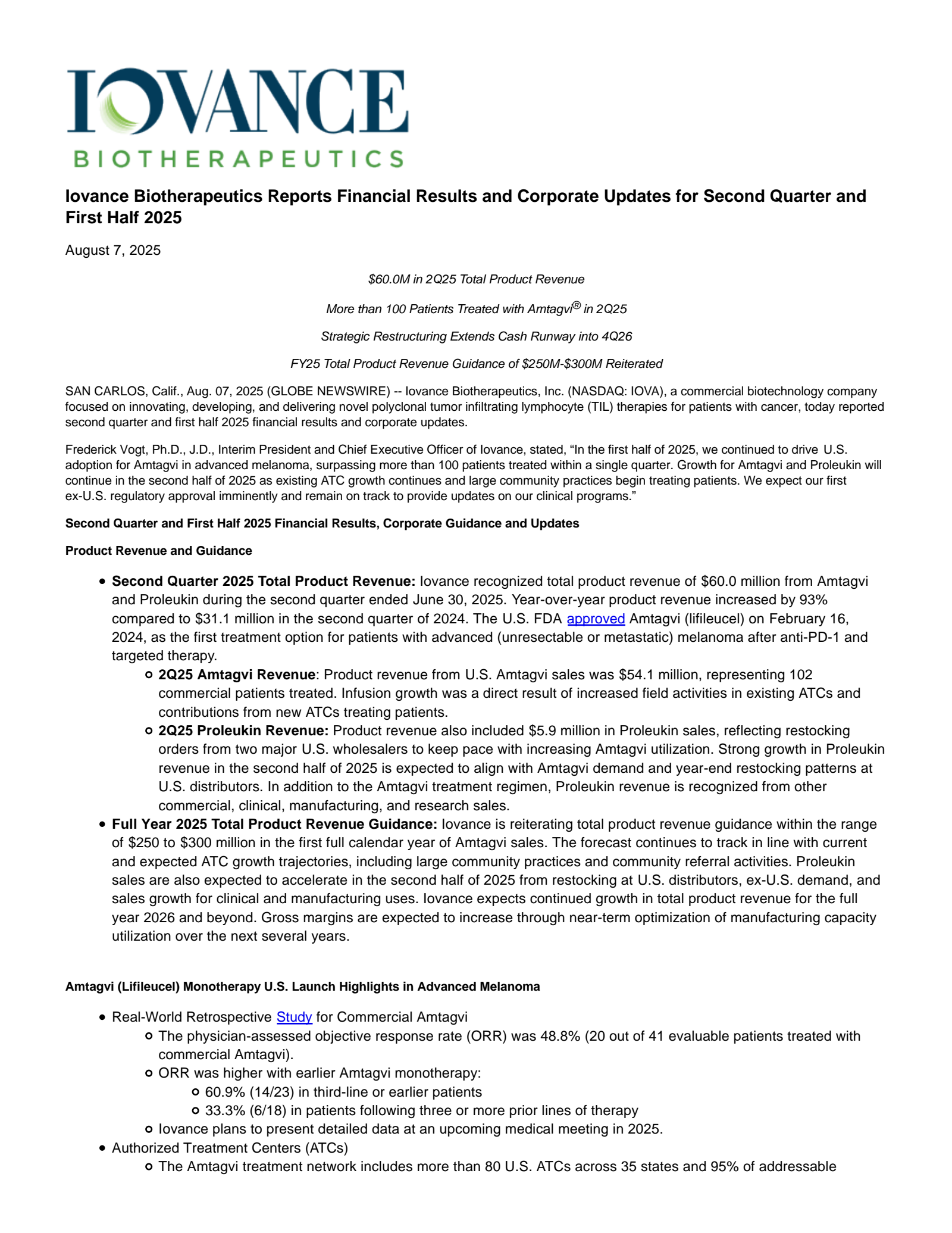 Iovance Biotherapeutics' Q2 2025 Press Release