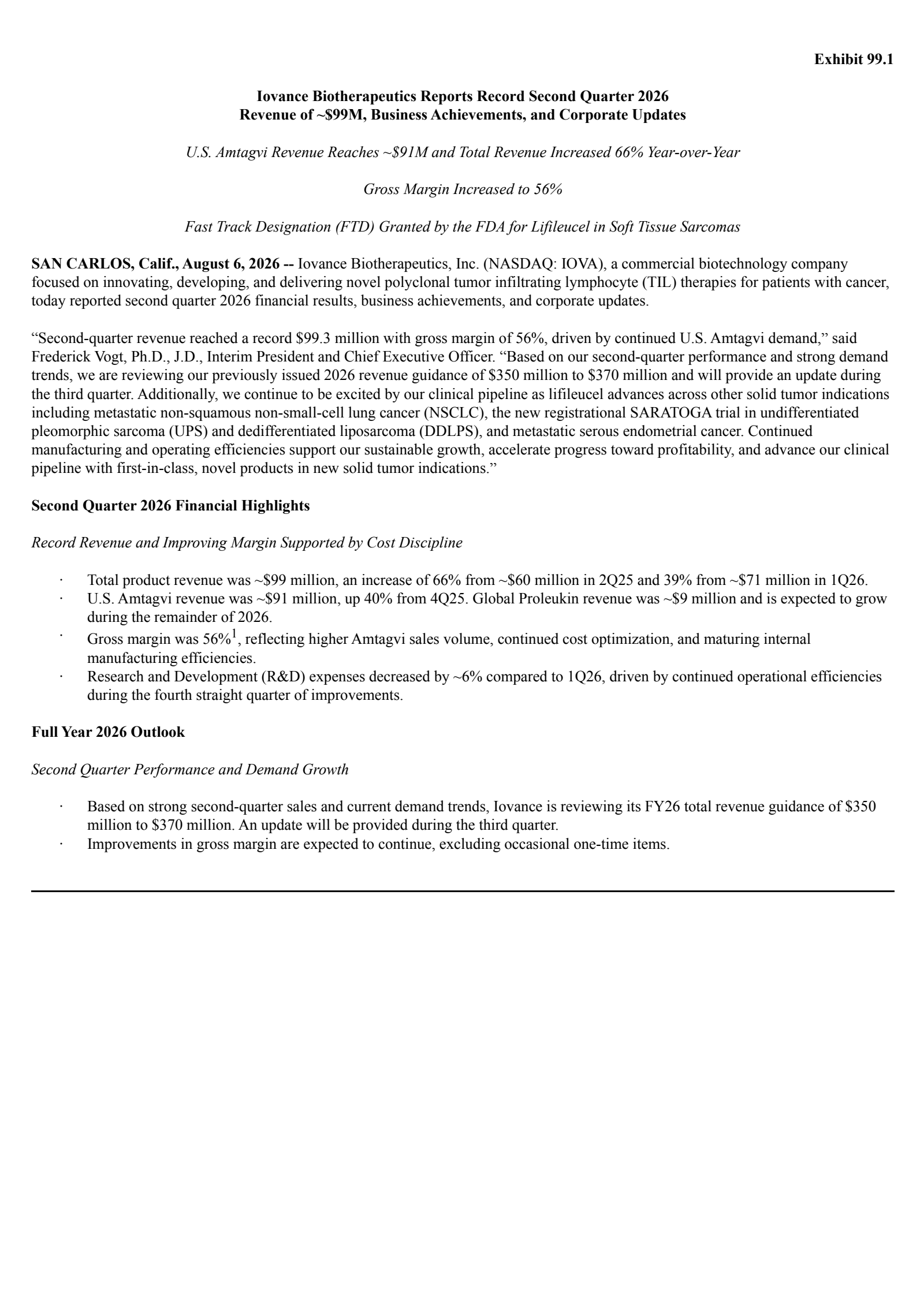 Iovance Biotherapeutics' Q2 2026 Press Release