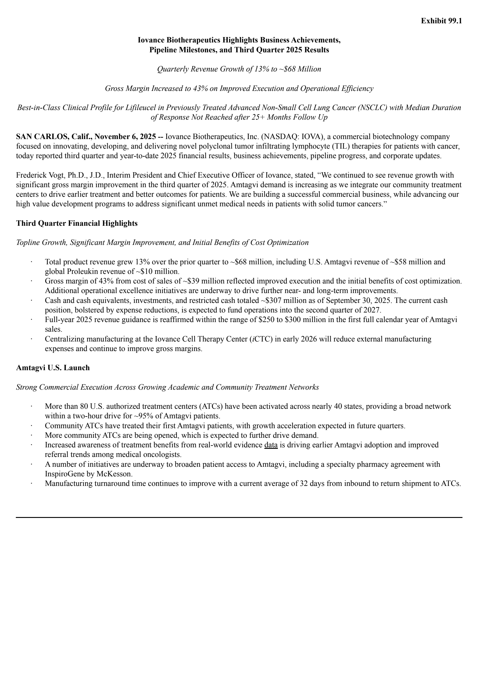 Iovance Biotherapeutics' Q3 2025 Earnings Release