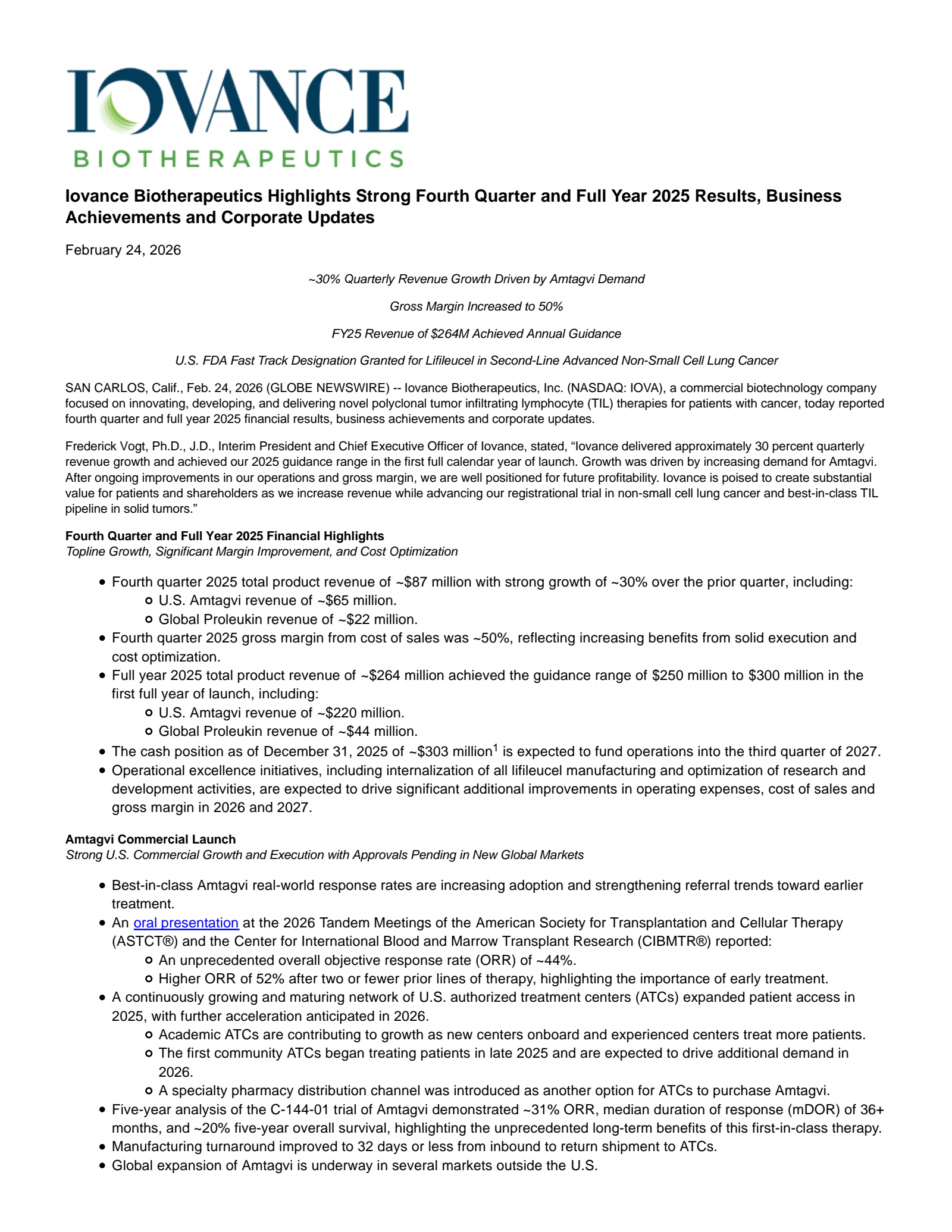 Iovance Biotherapeutics' Q4 2025 Press Release