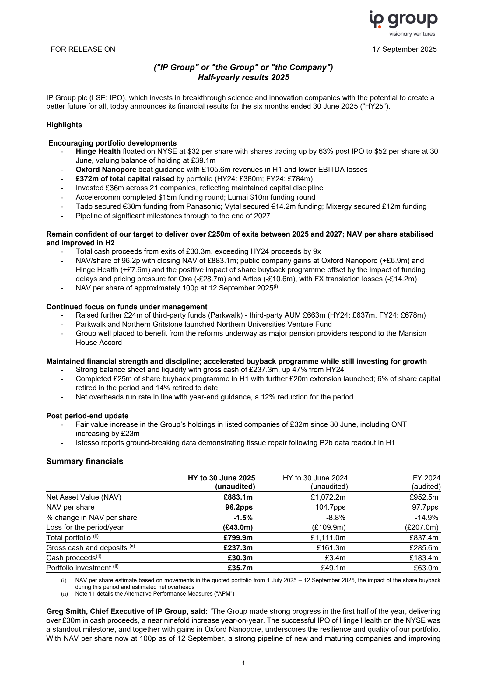 IP Group's H1 2025 Press Release