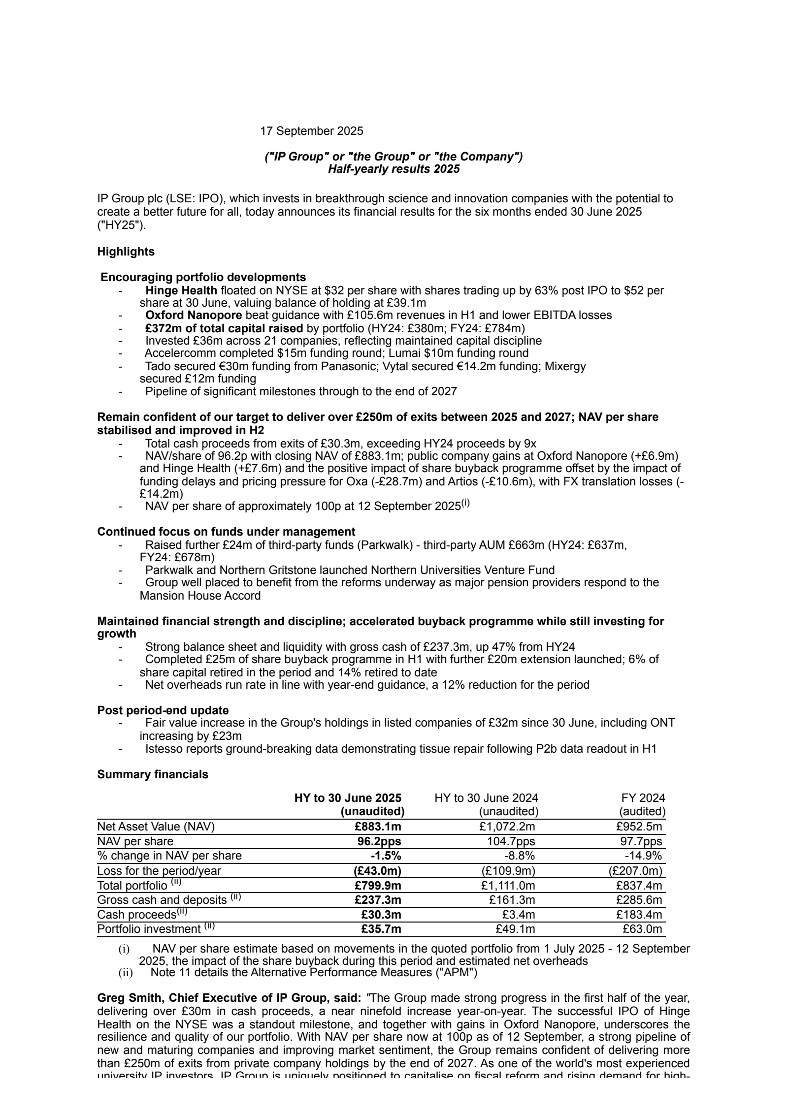 IP Group's H1 2025 Interim Report