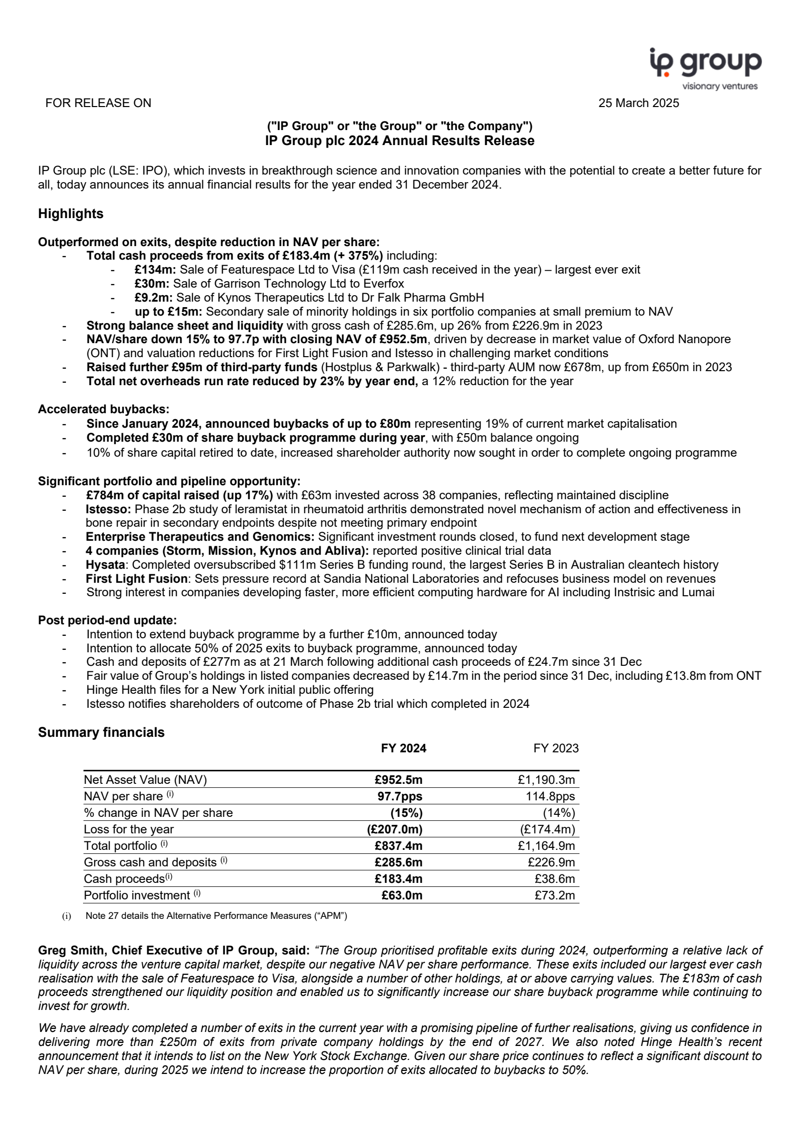 IP Group's H2 2024 Press Release
