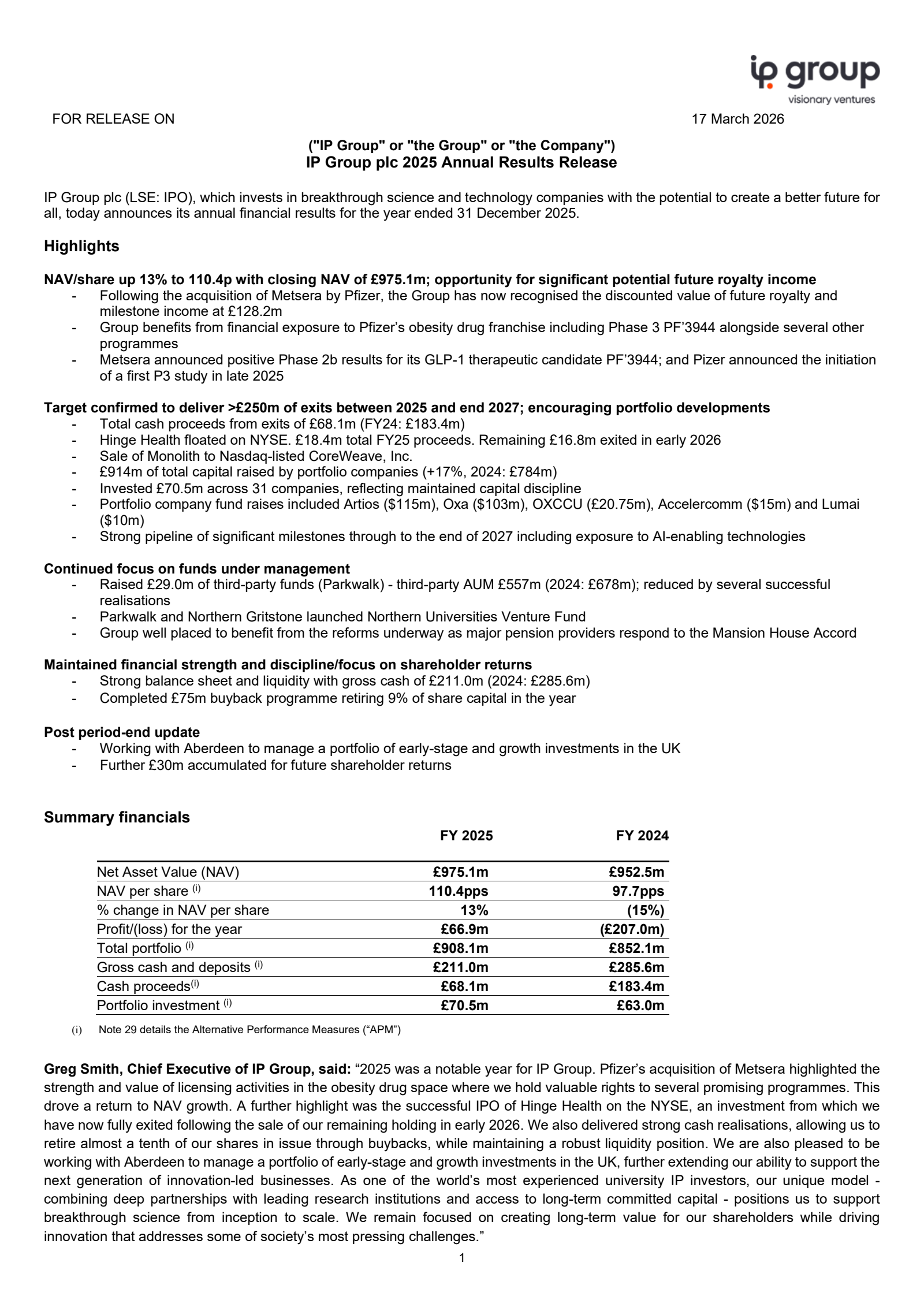 IP Group's H2 2025 Press Release