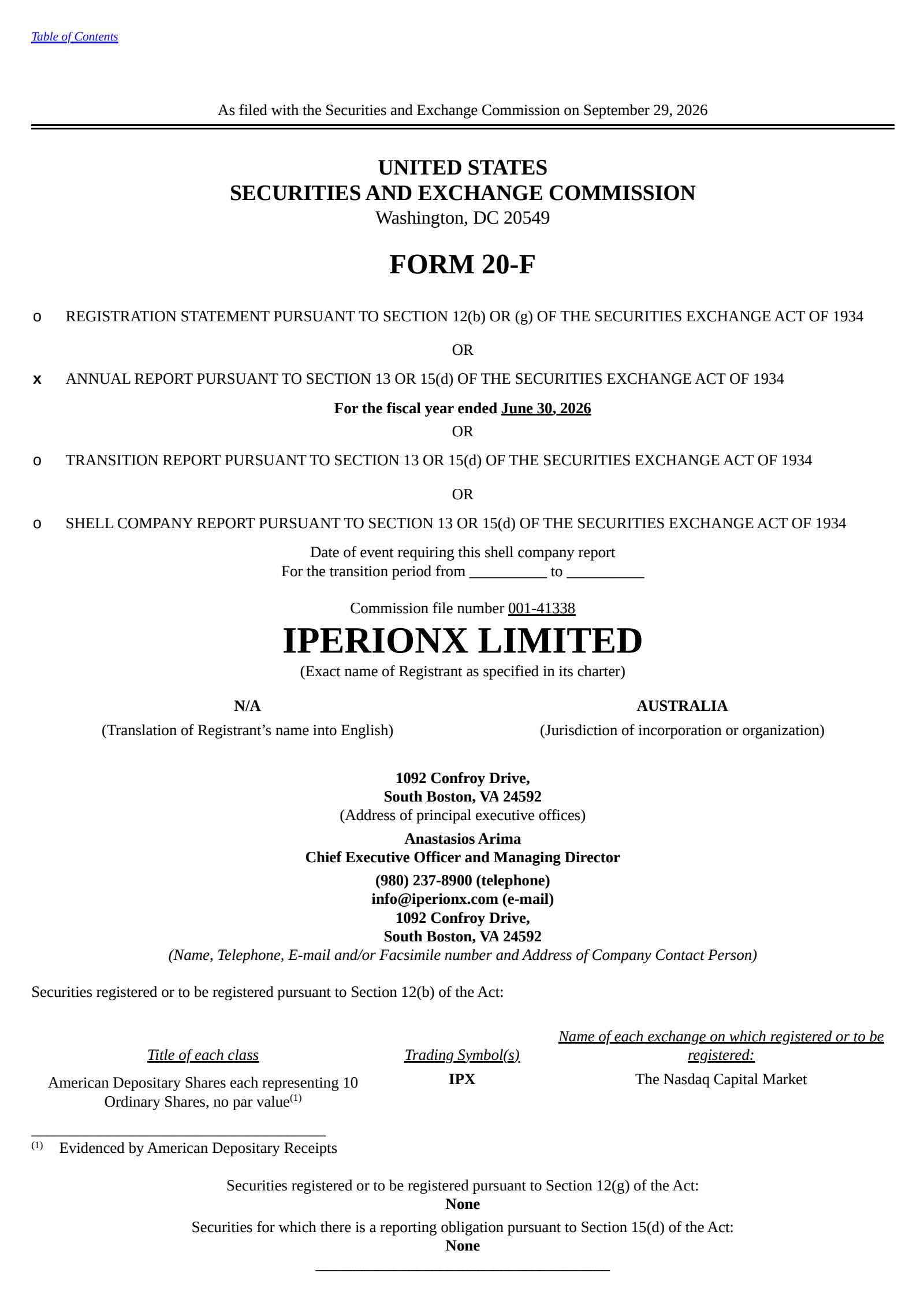 IperionX's H2 2026 Annual report